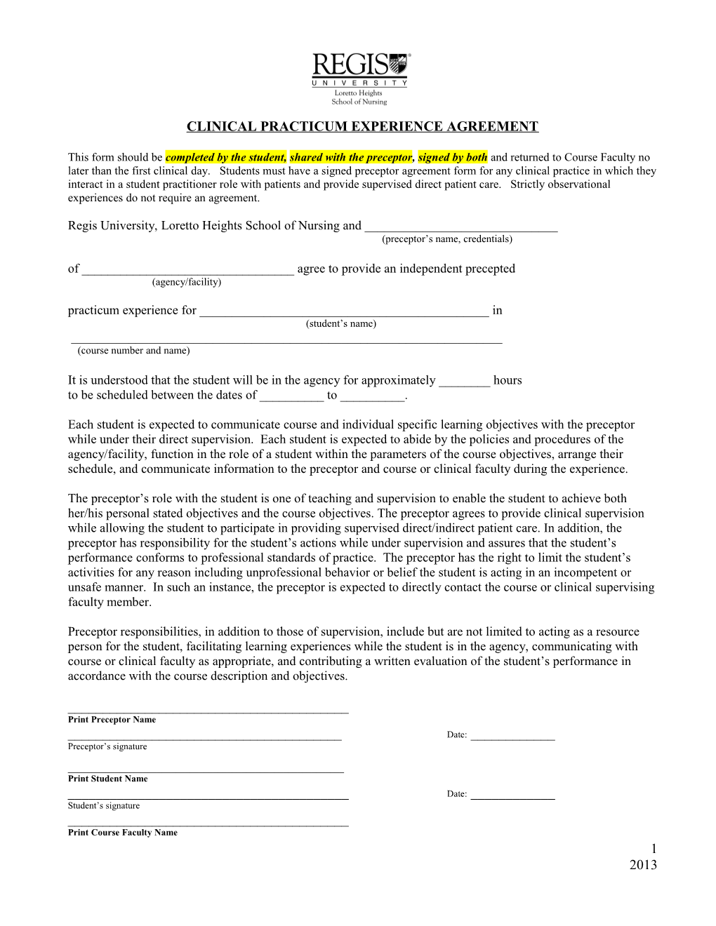 Clinical Practicum Experience Agreement