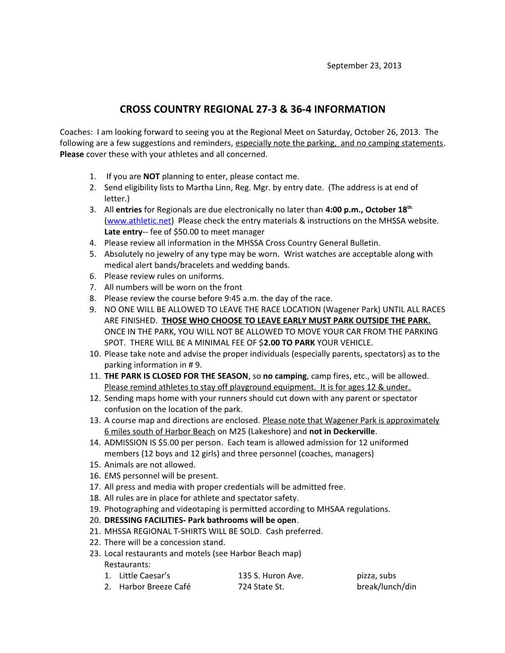 Cross Country Regional 27-3 & 36-4 Information