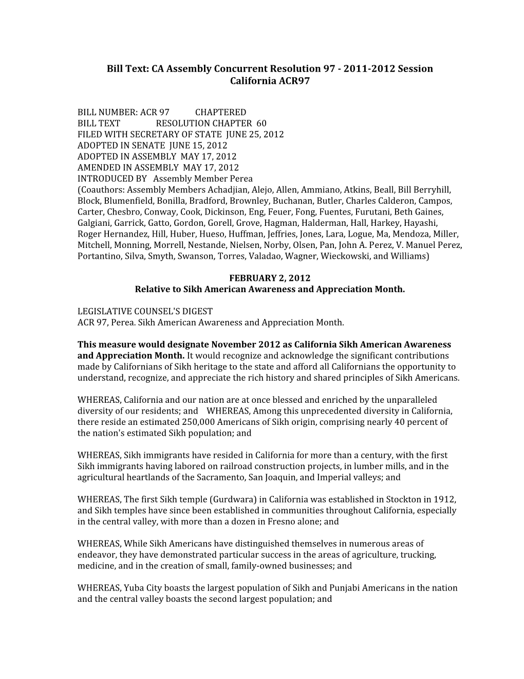Bill Text: CA Assembly Concurrent Resolution 97 - 2011-2012 Session