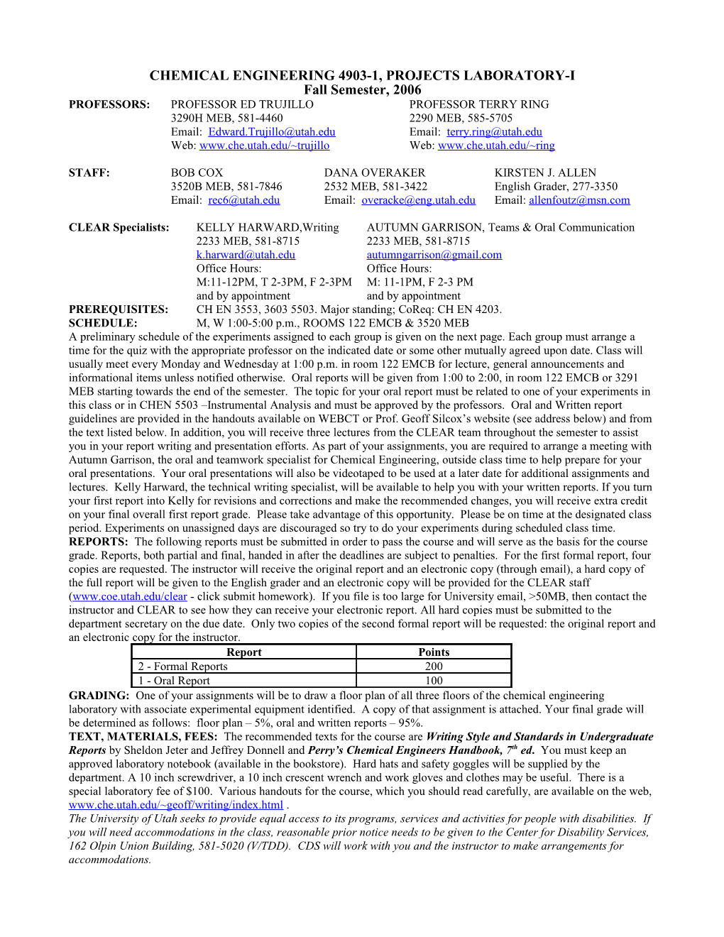 Chemical Engineering 4903-1, Projects Laboratory-I