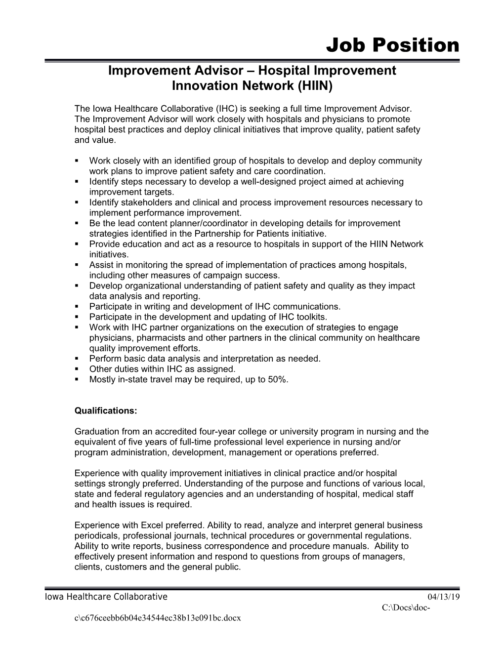 Improvement Advisor Hospital Improvement Innovation Network (HIIN)