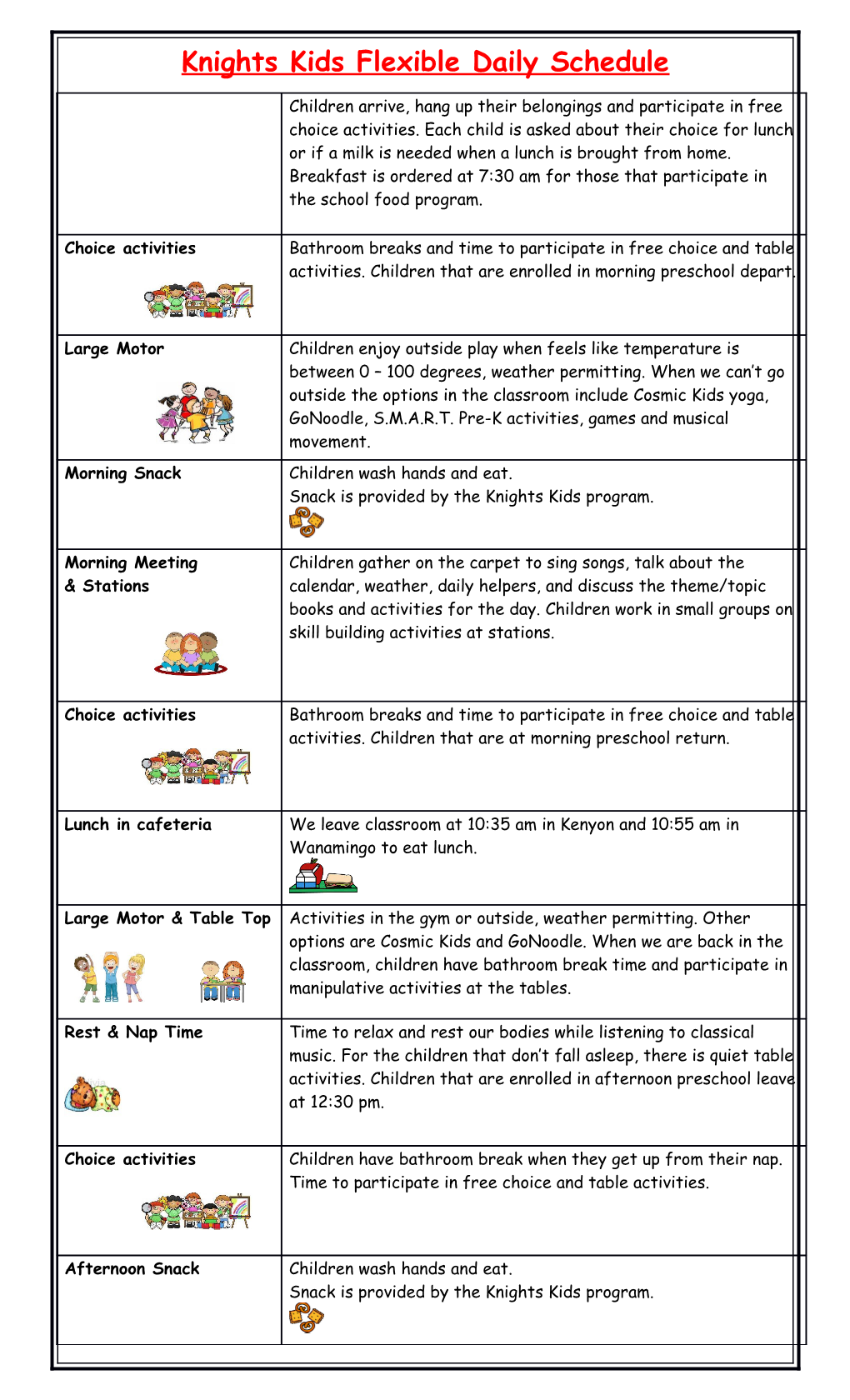 Knights Kids Flexible Daily Schedule