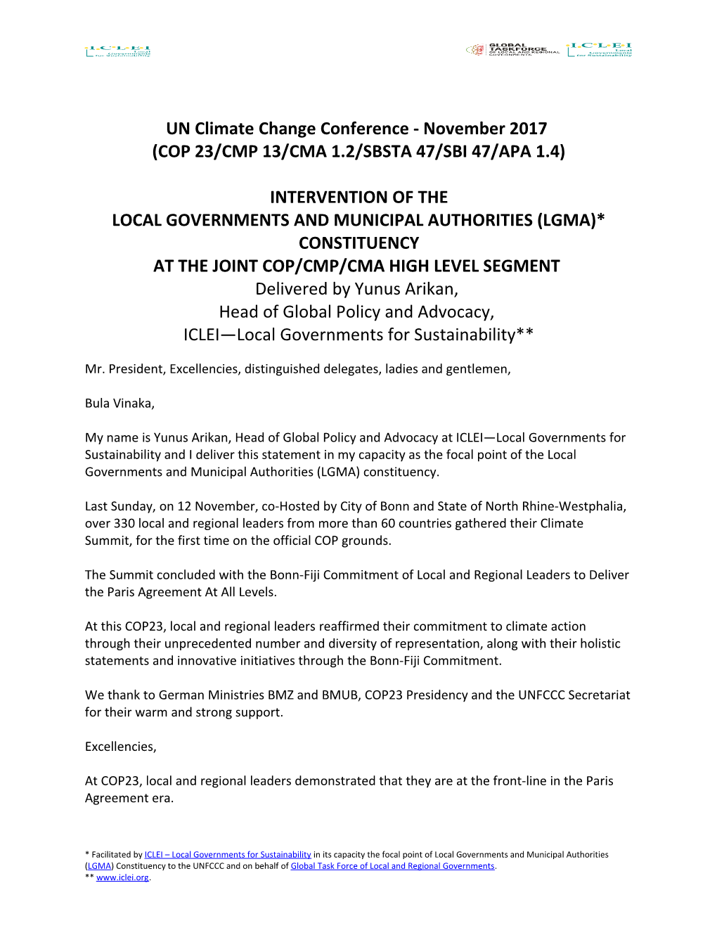 Local Governments and Municipal Authorities (Lgma)* Constituency