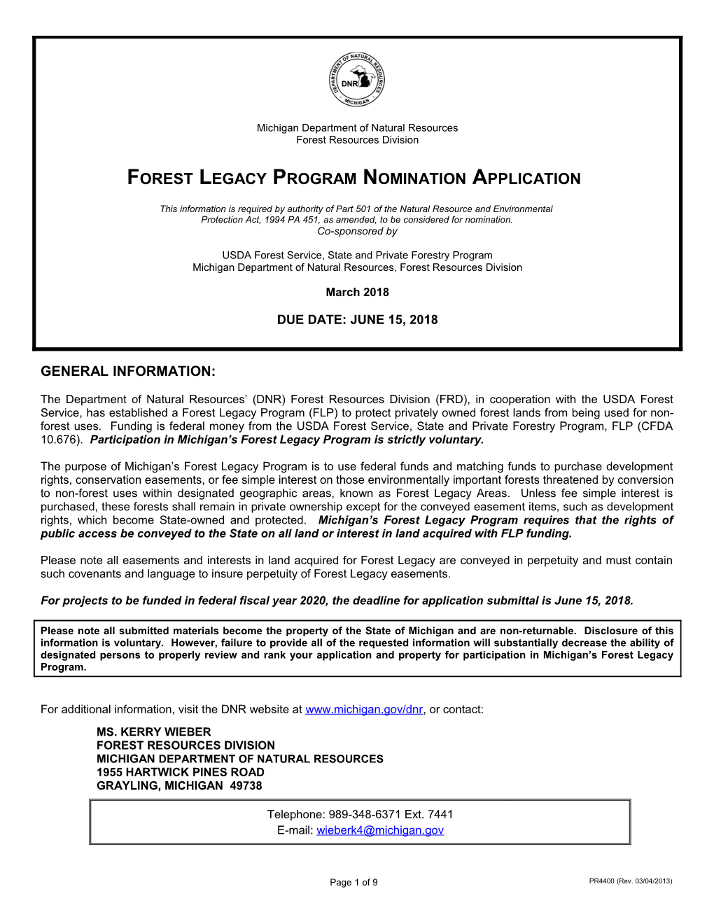 Forest Legacy Program Nomination Application