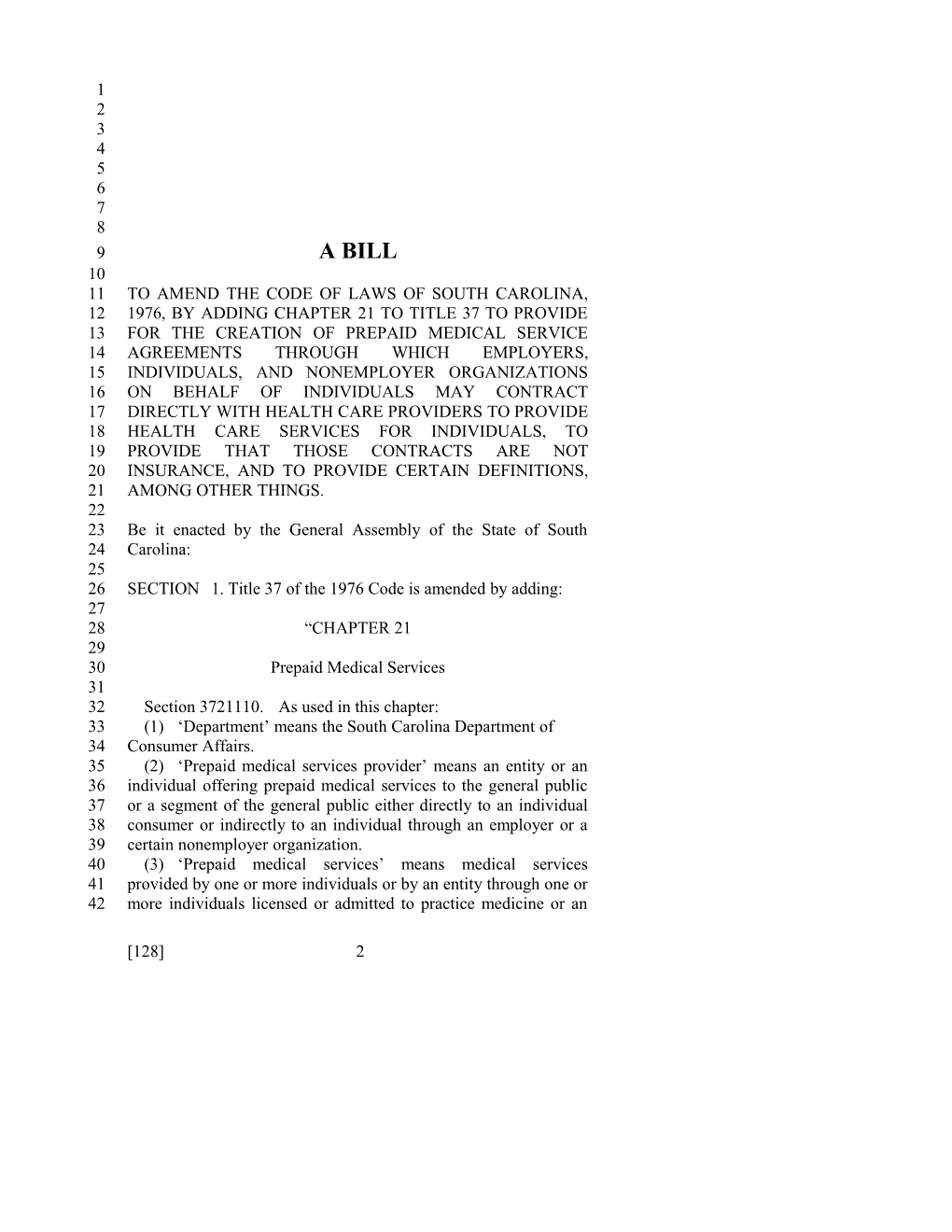 2015-2016 Bill 128: Prepaid Medical Service Agreements - South Carolina Legislature Online