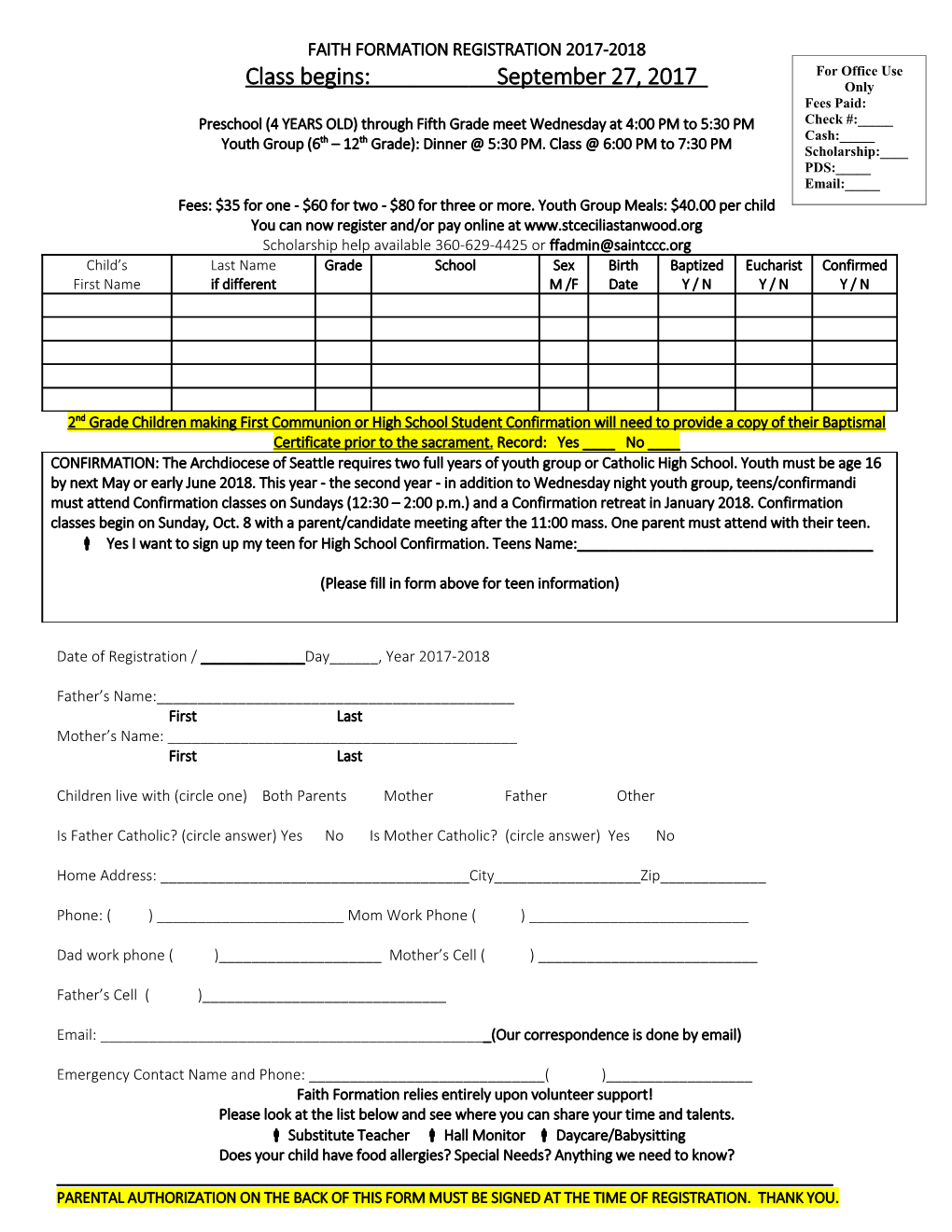 Faith Formation Registration 2007-2008