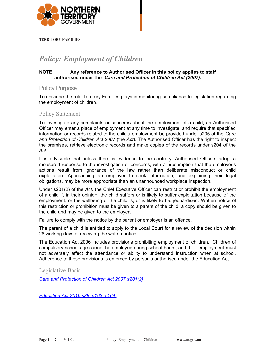 Policy: Employment of Children