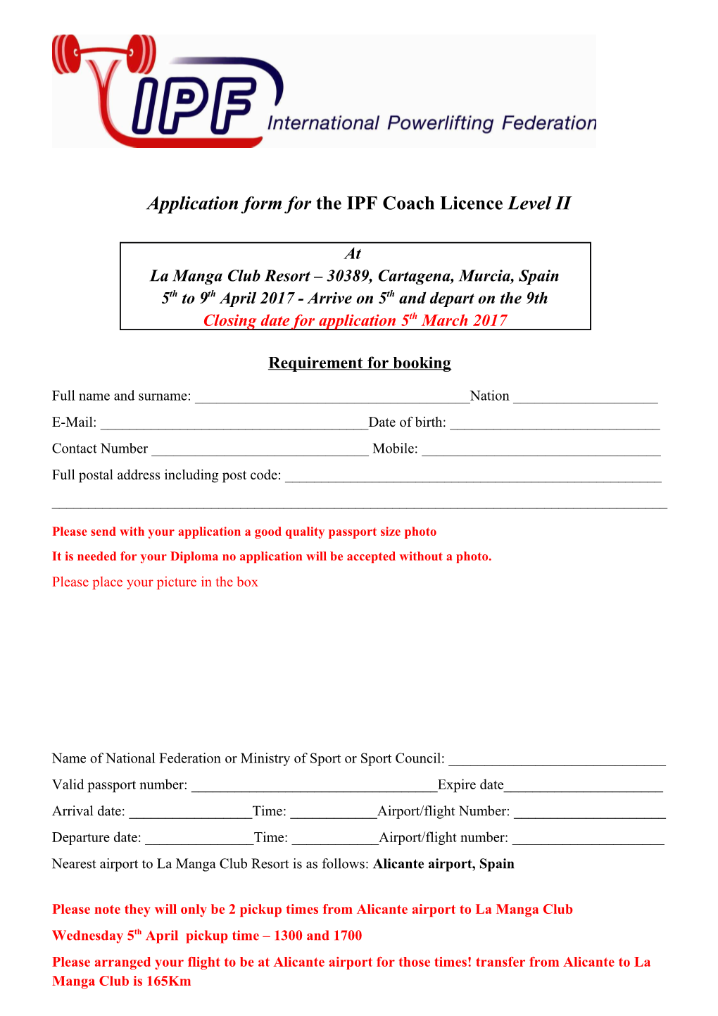 Applicationformforthe IPF Coach Licence Level II