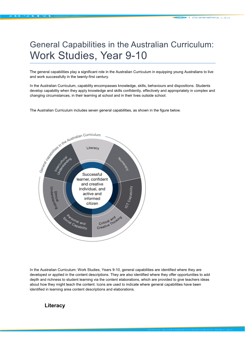 General Capabilities in the Australian Curriculum: Work Studies, Year 9-10