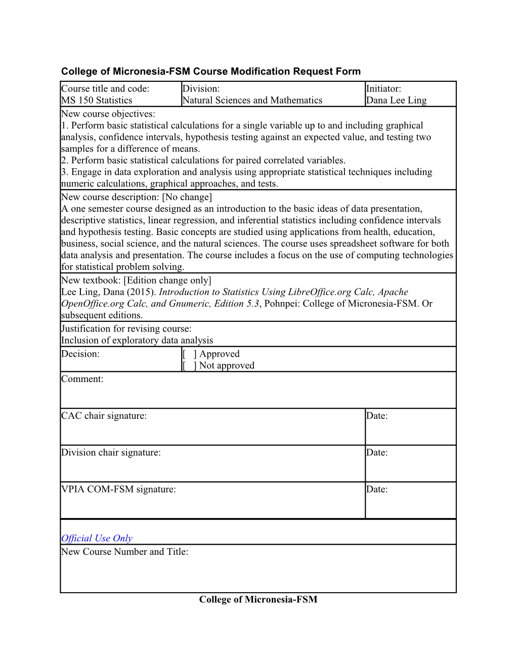 College of Micronesia-FSM Course Modification Request Form
