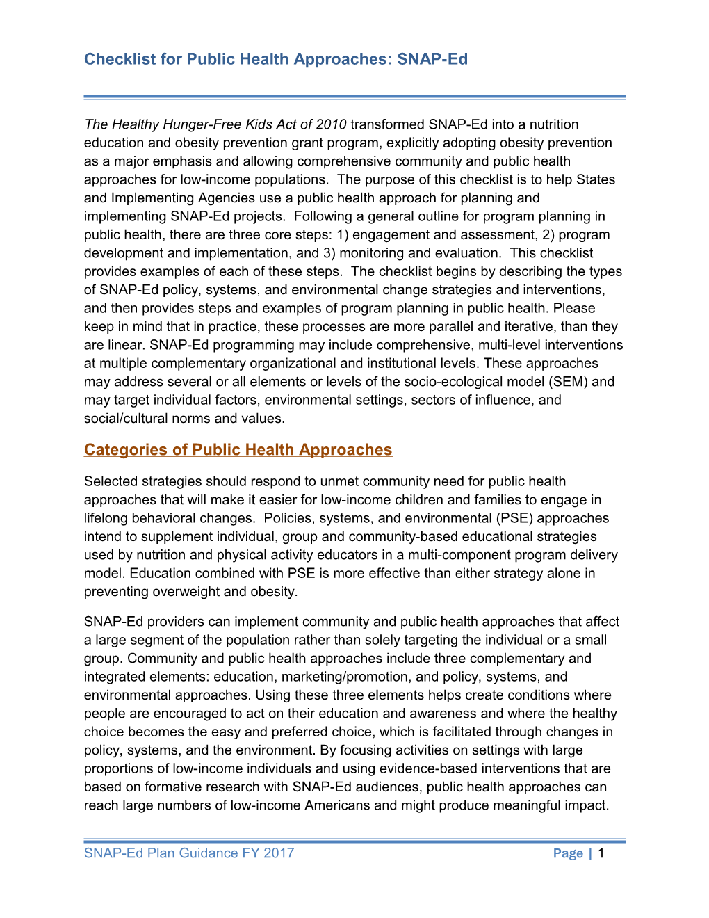 Checklist for Public Health Approaches: SNAP-Ed