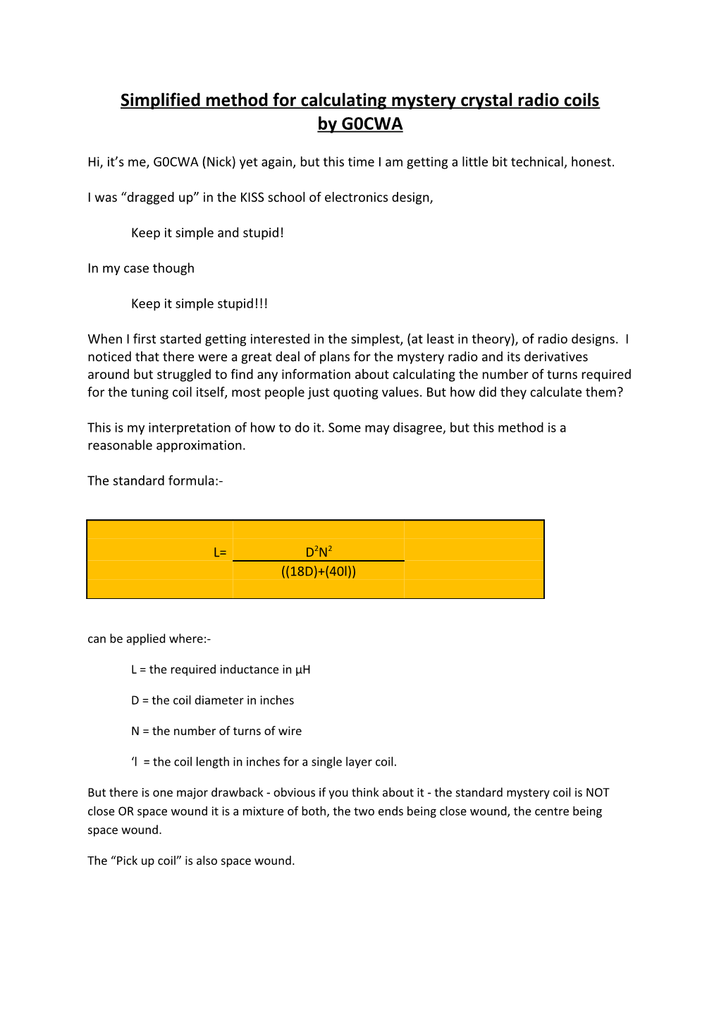 Simplified Method for Calculating Mystery Crystal Radio Coils