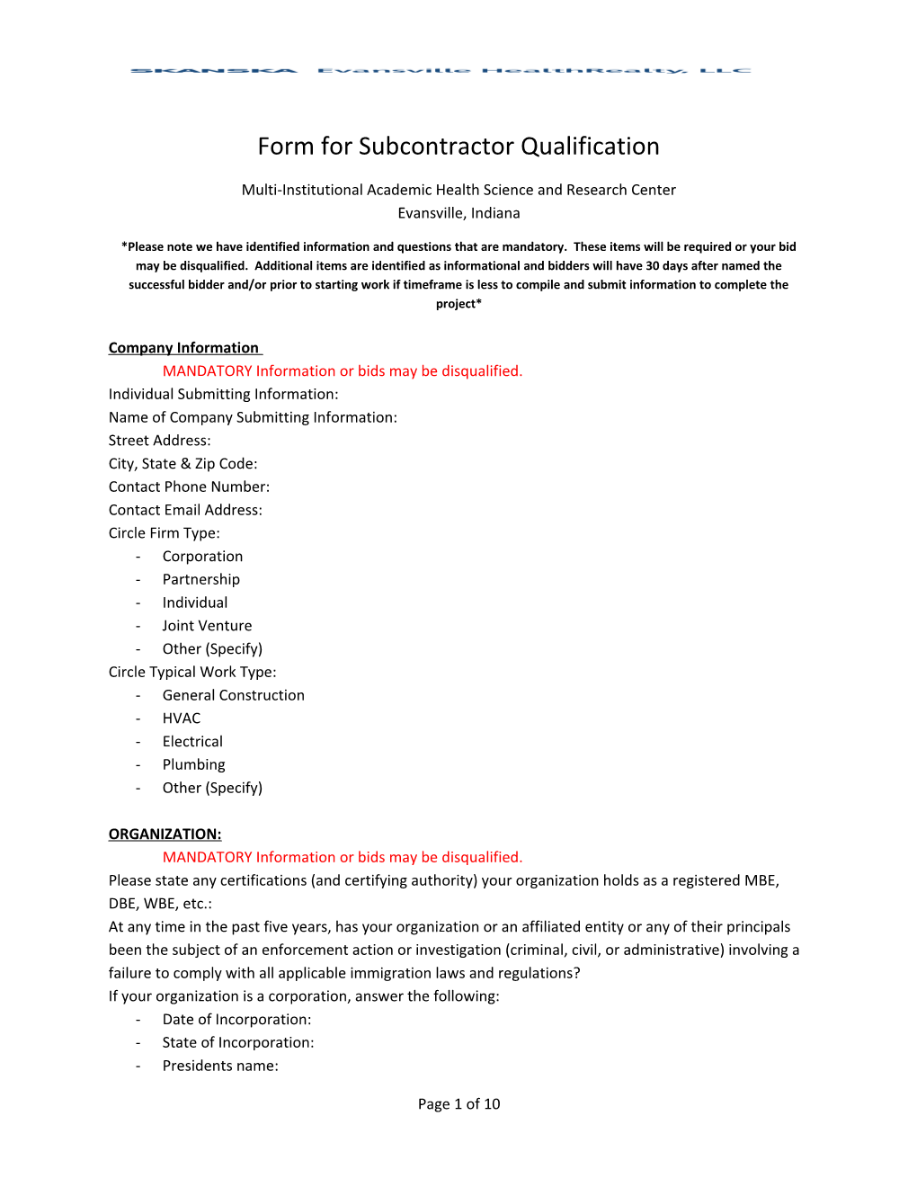 Form for Subcontractor Qualification