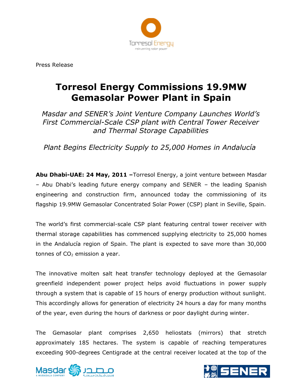 Torresolenergycommissions19.9MW Gemasolar Power Plant in Spain