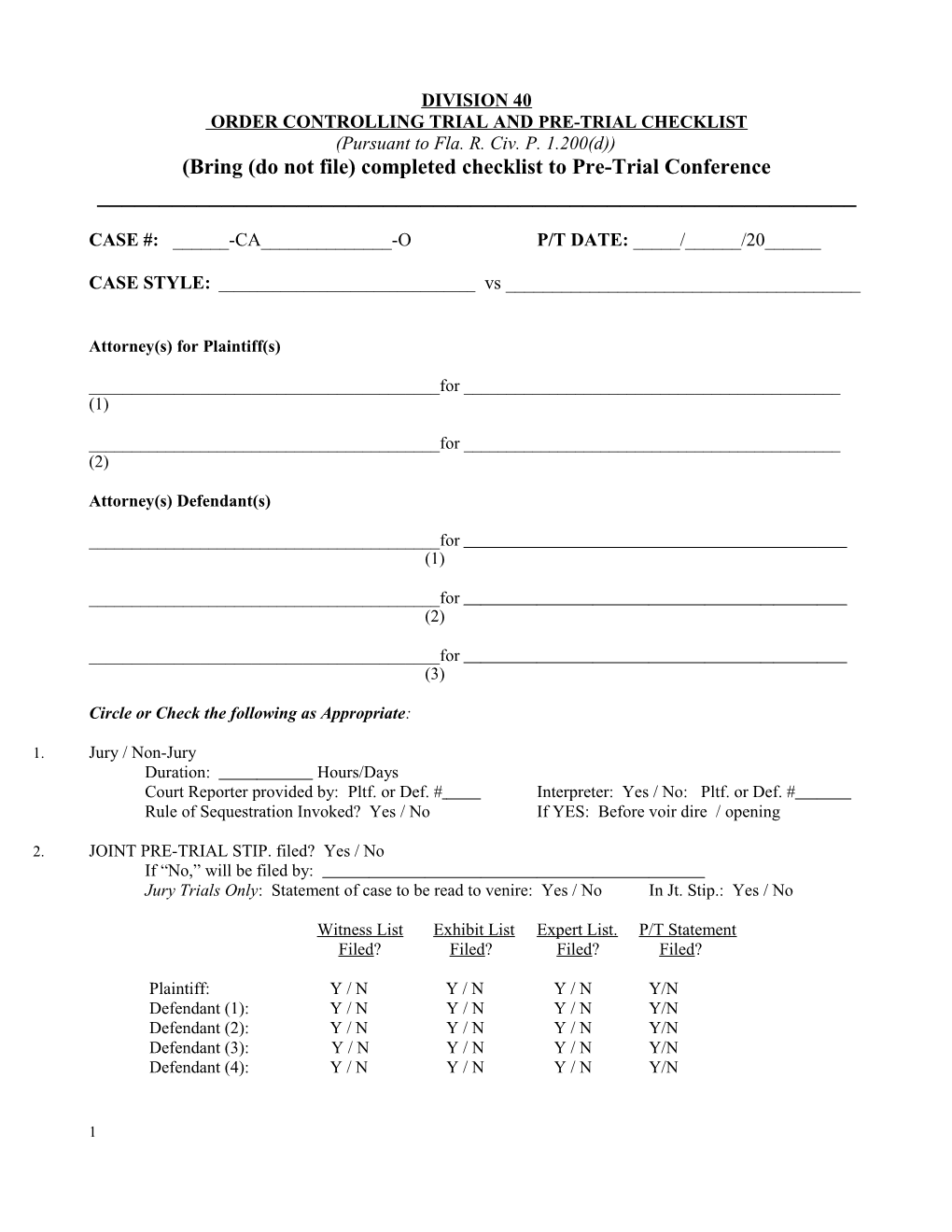 Order Controlling Trial and Pre-Trial Checklist