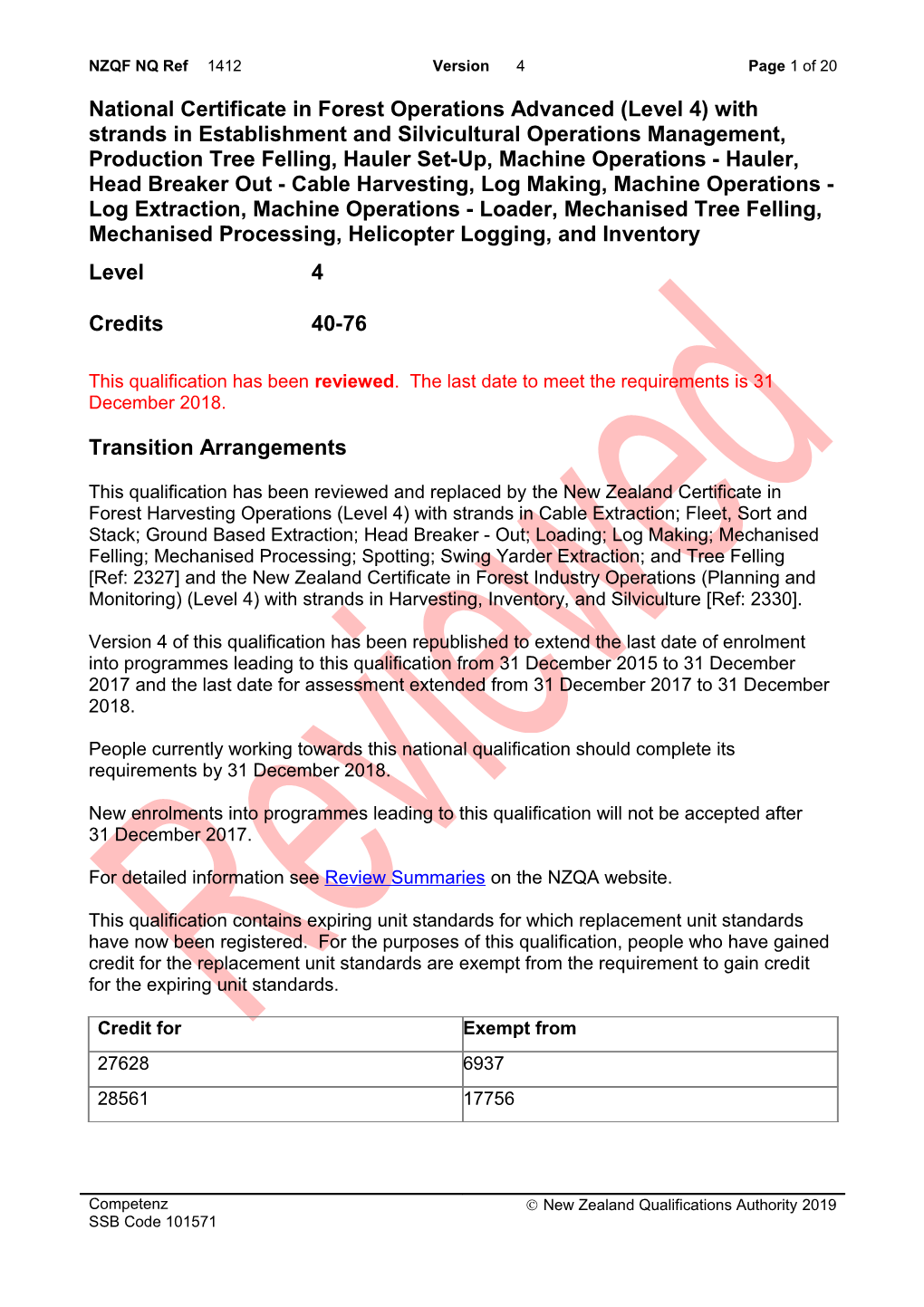 1412 National Certificate in Forest Operations Advanced (Level 4) with Strands in Establishment