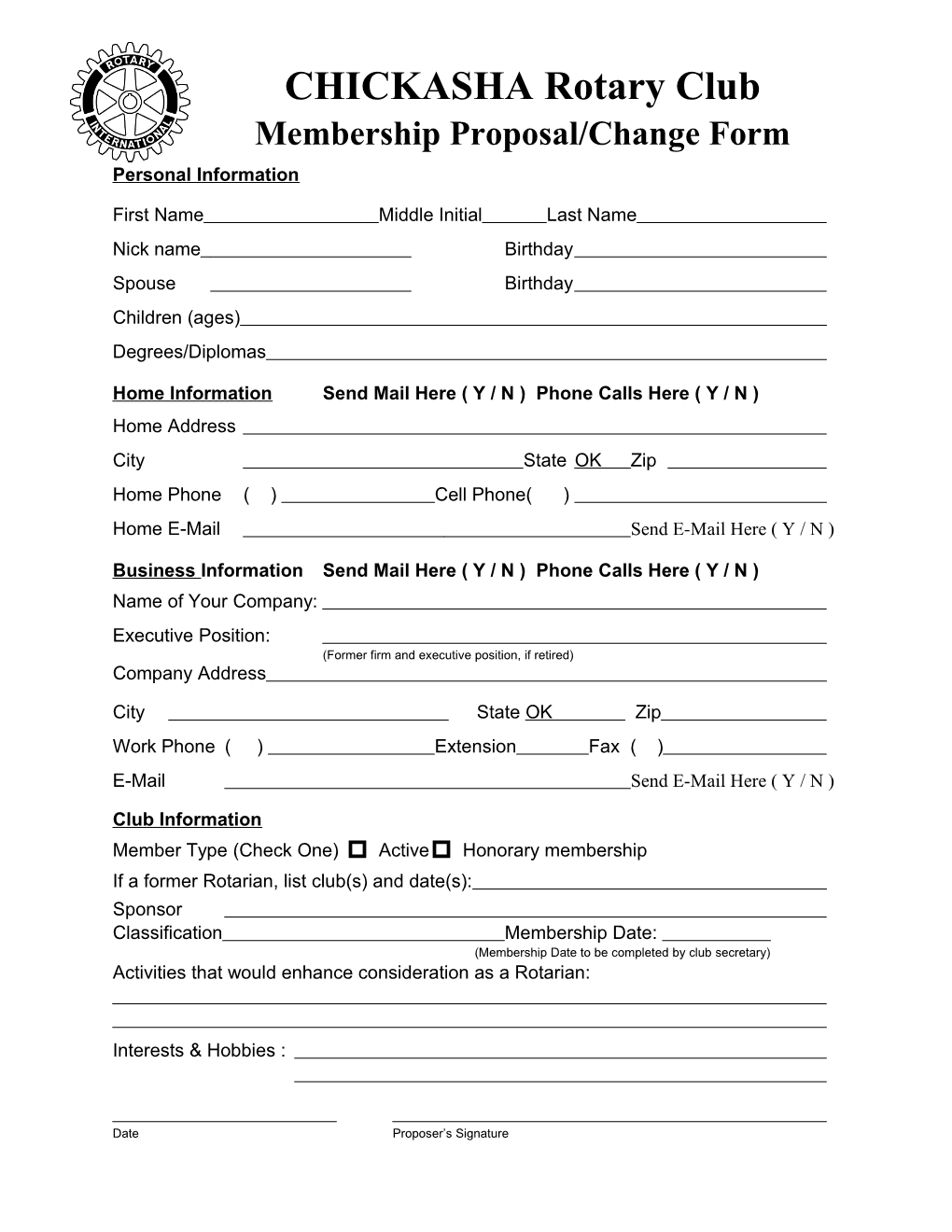 Sooner Club Personal Information Sheet