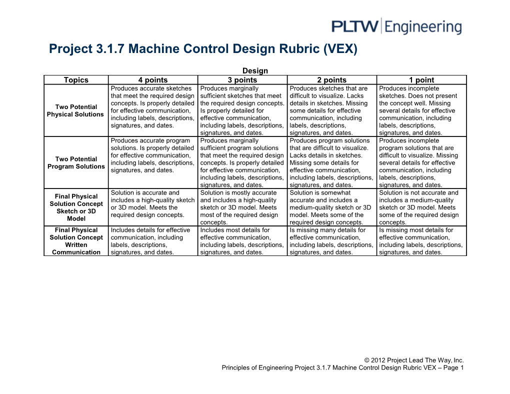 Project 3.1.7 Machine Control Design Rubric (VEX)