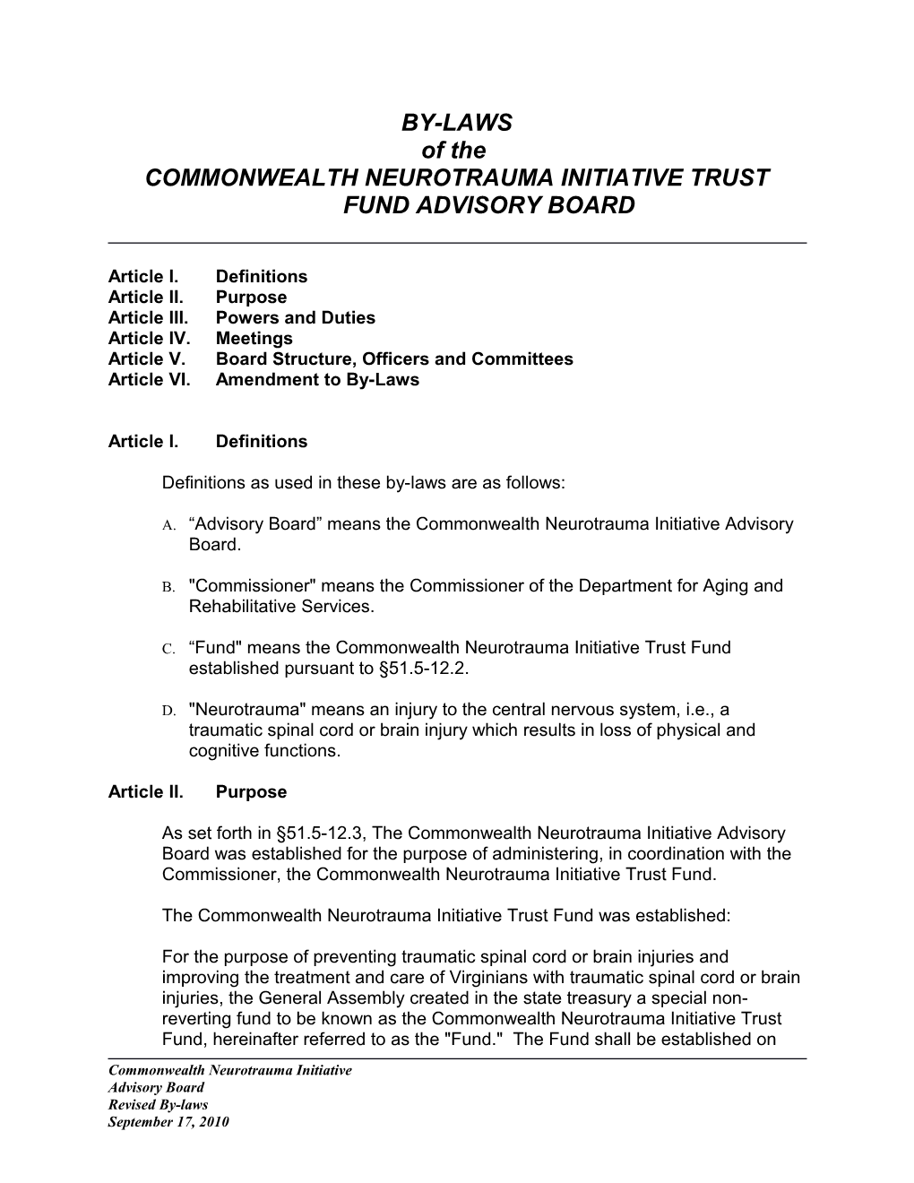 Commonwealth Neurotrauma Initiative Trust Fund Advisory Board