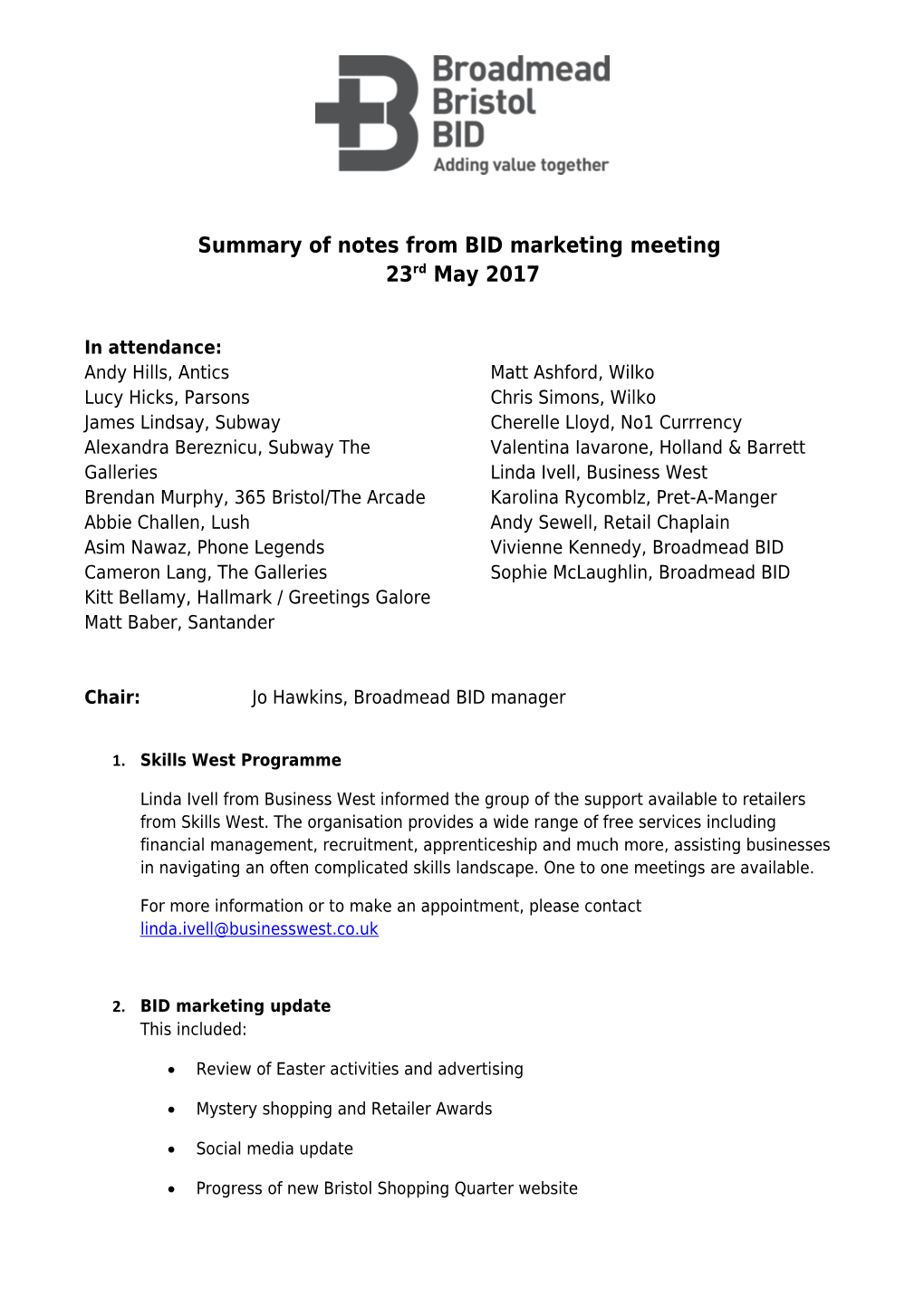 Summary of Notes from BID Marketing Meeting