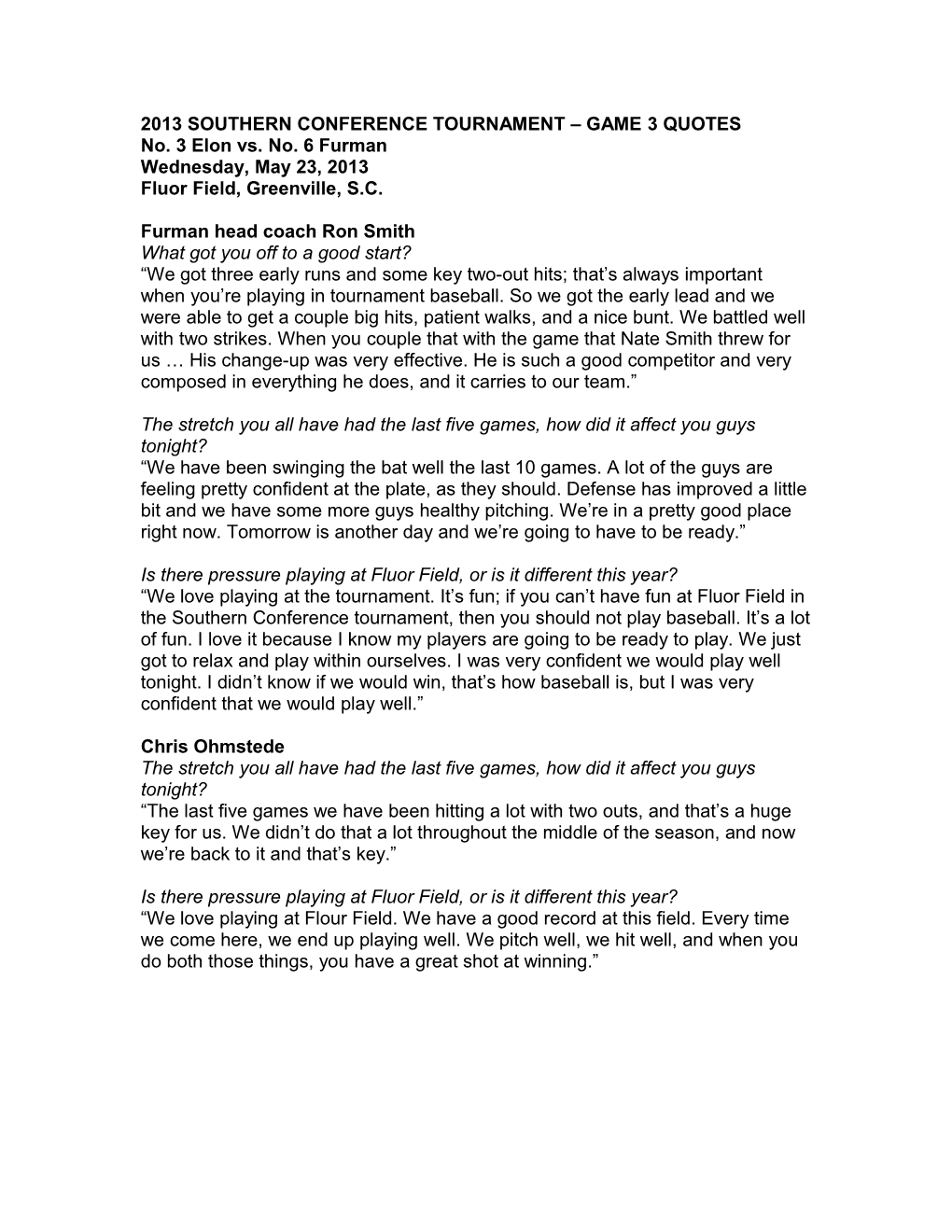 2013 Southern Conference Tournament Game 3 Quotes