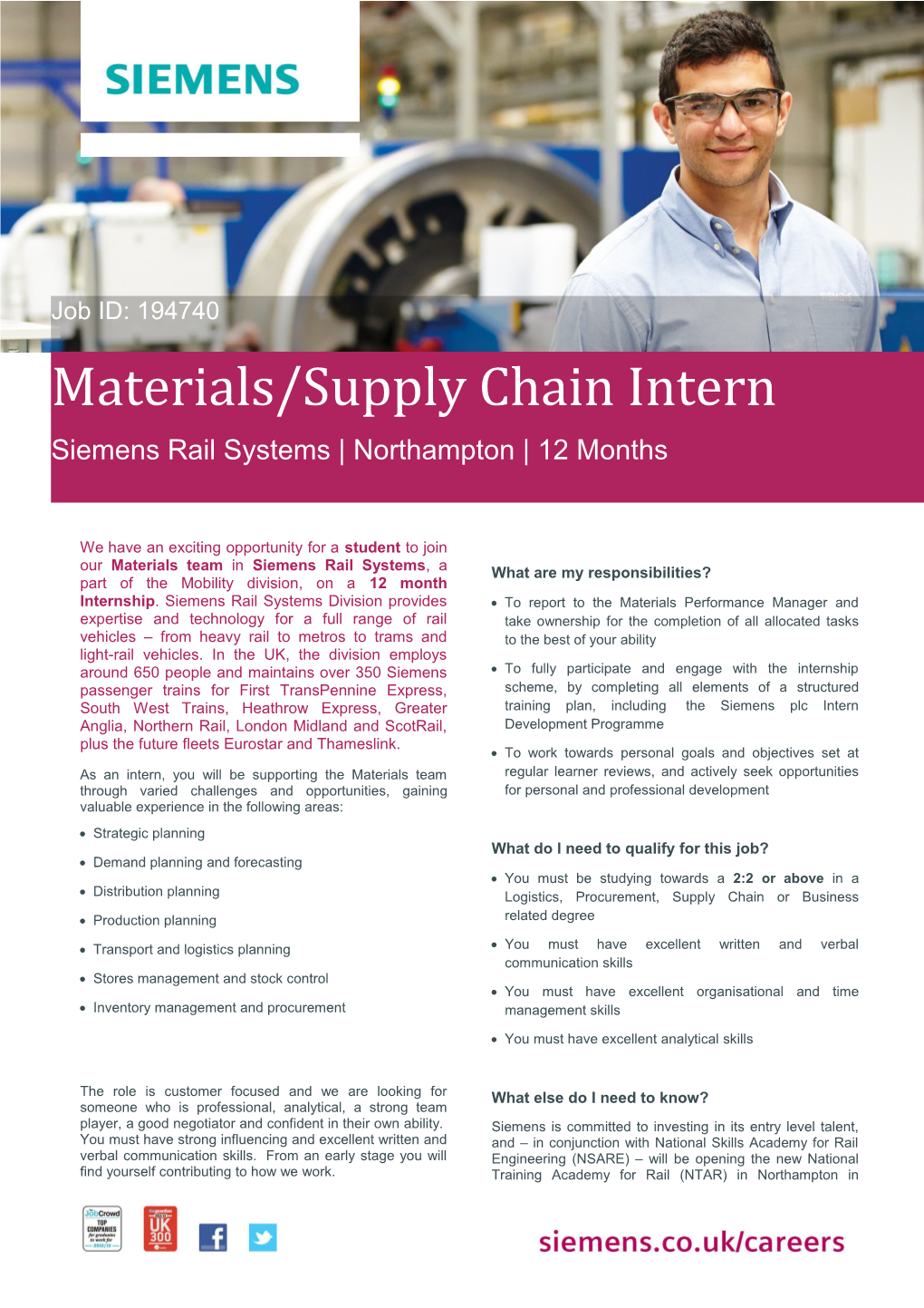 We Have an Exciting Opportunity for a Student to Join Our Materials Team in Siemensrail