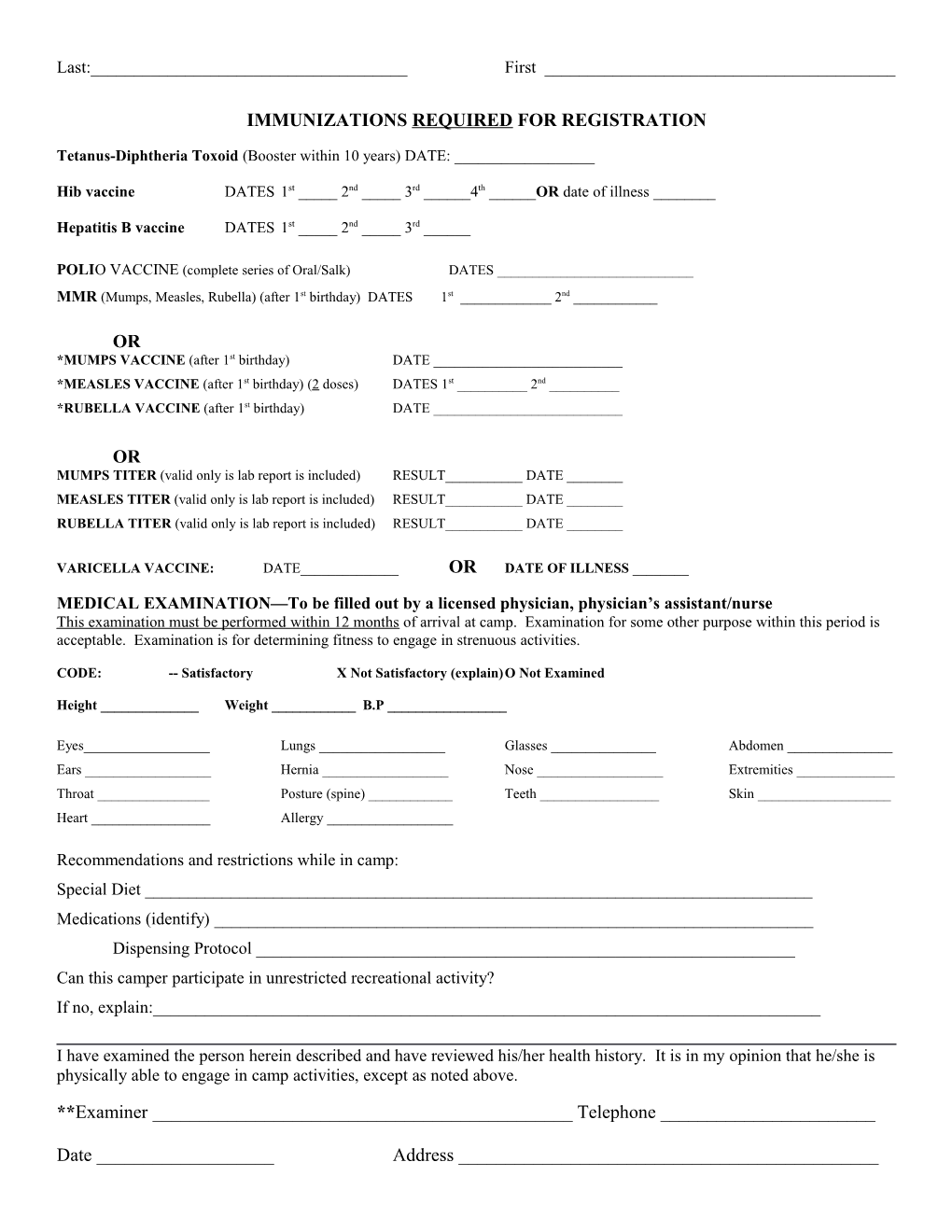 Basketball Camp Health Form Checklist