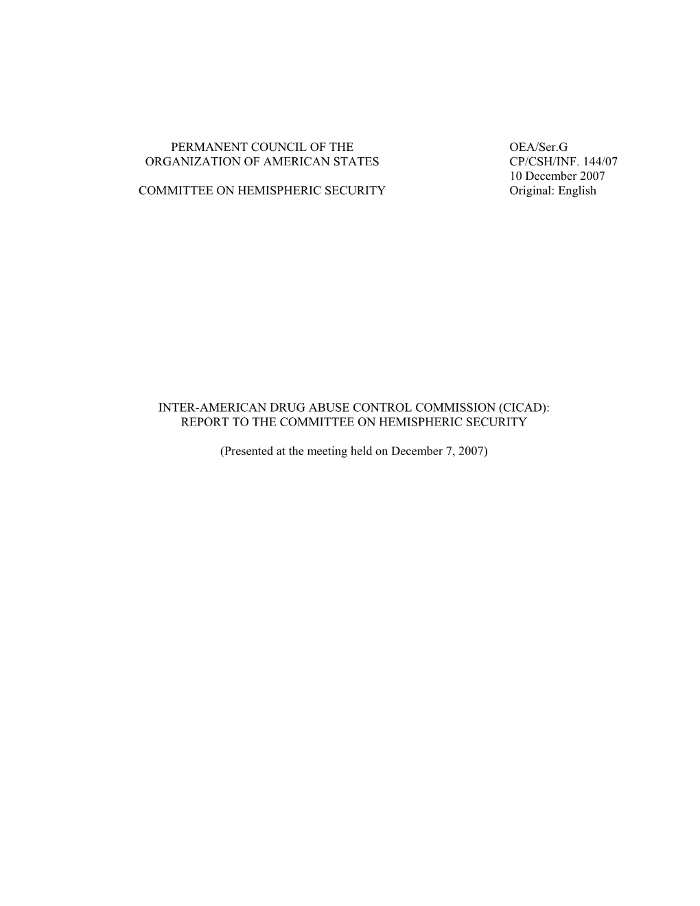 Report to the Committee on Hemispheric Security