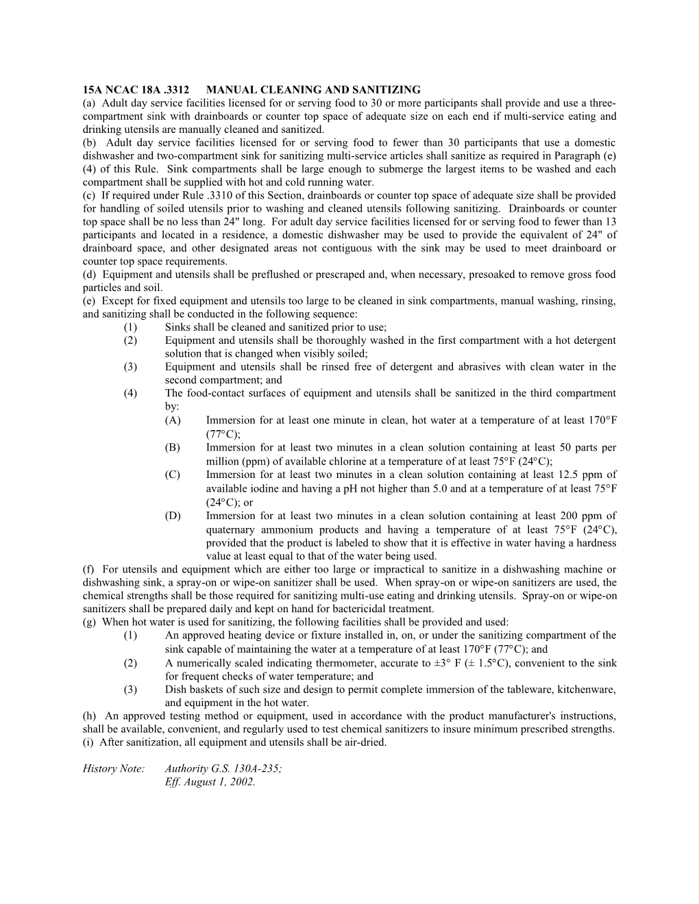 15A Ncac 18A .3312MANUAL CLEANING and SANITIZING