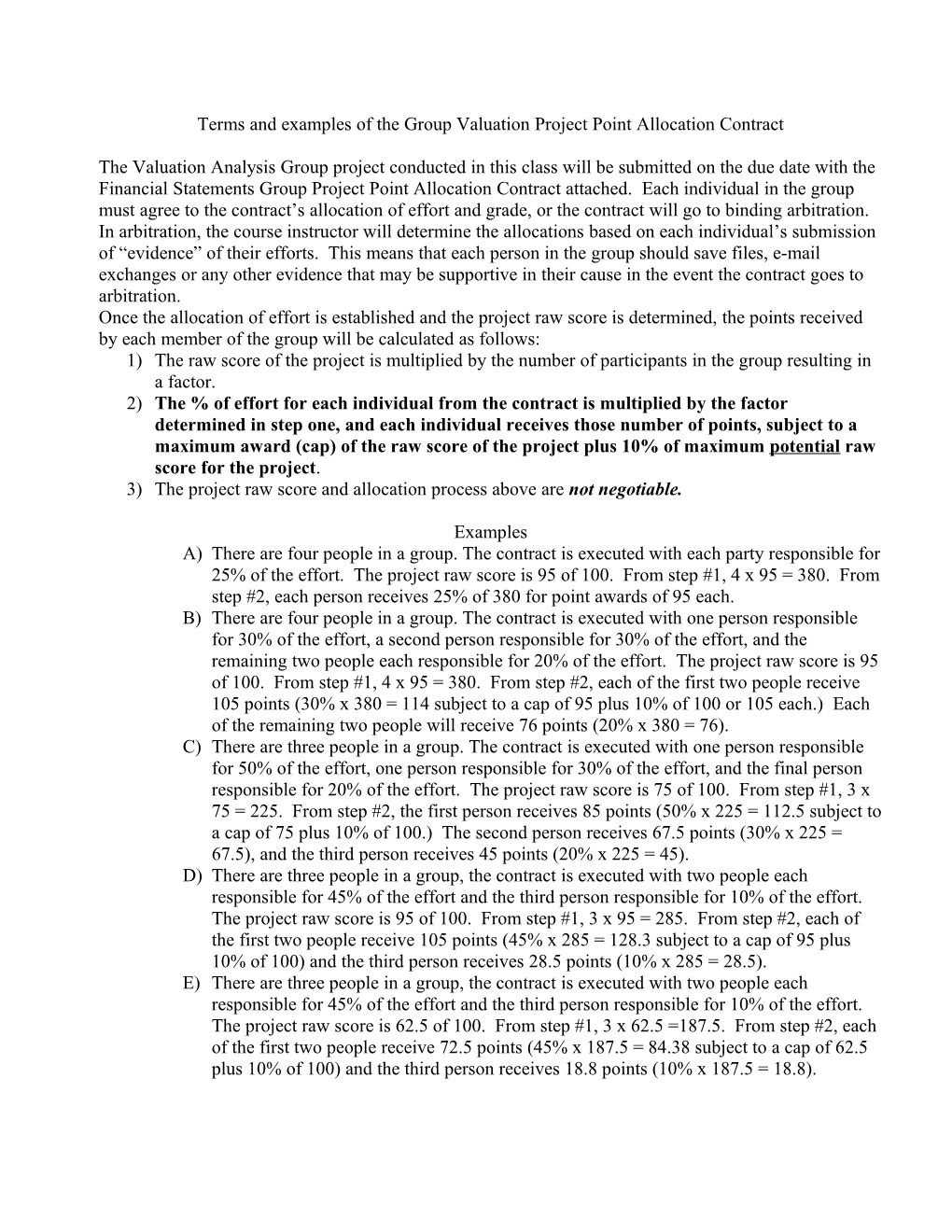 Terms and Examples of the Fin 300 Group Project Point Allocation Contract