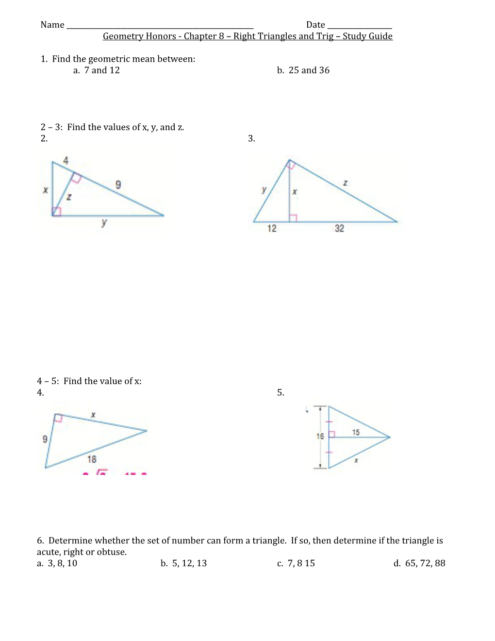 Geometry Honors - Chapter 8 Right Triangles and Trig Study Guide