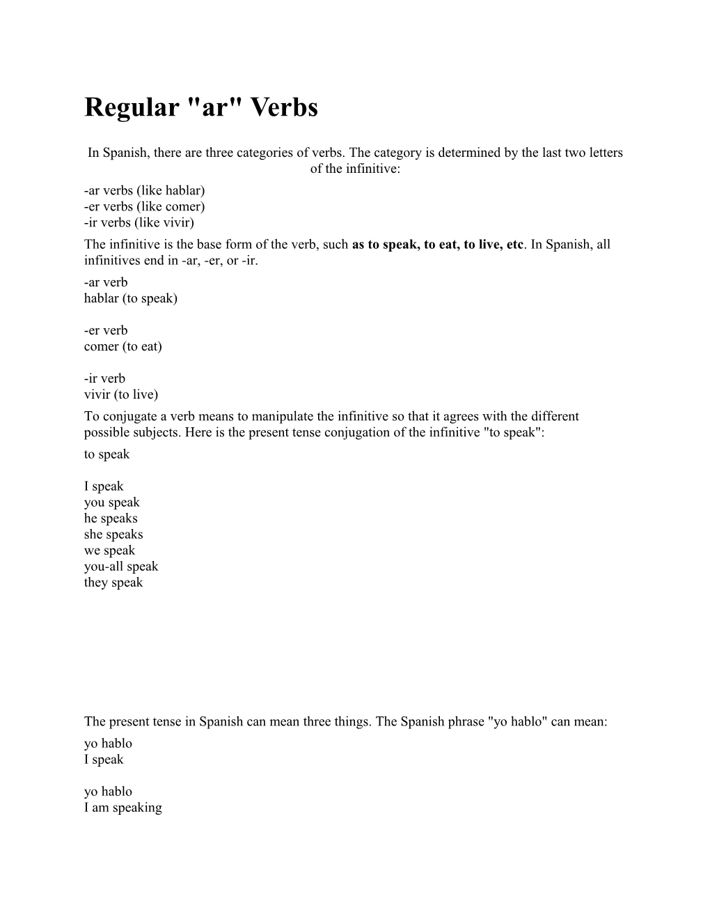 Regular Ar Verbs