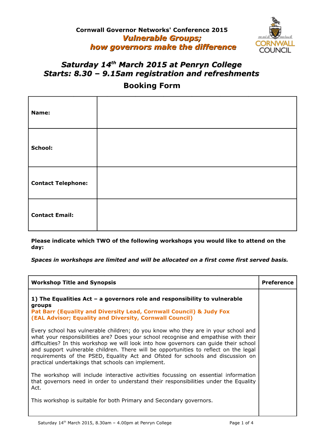 Cornwall Governor Networks' Conference Booking Form