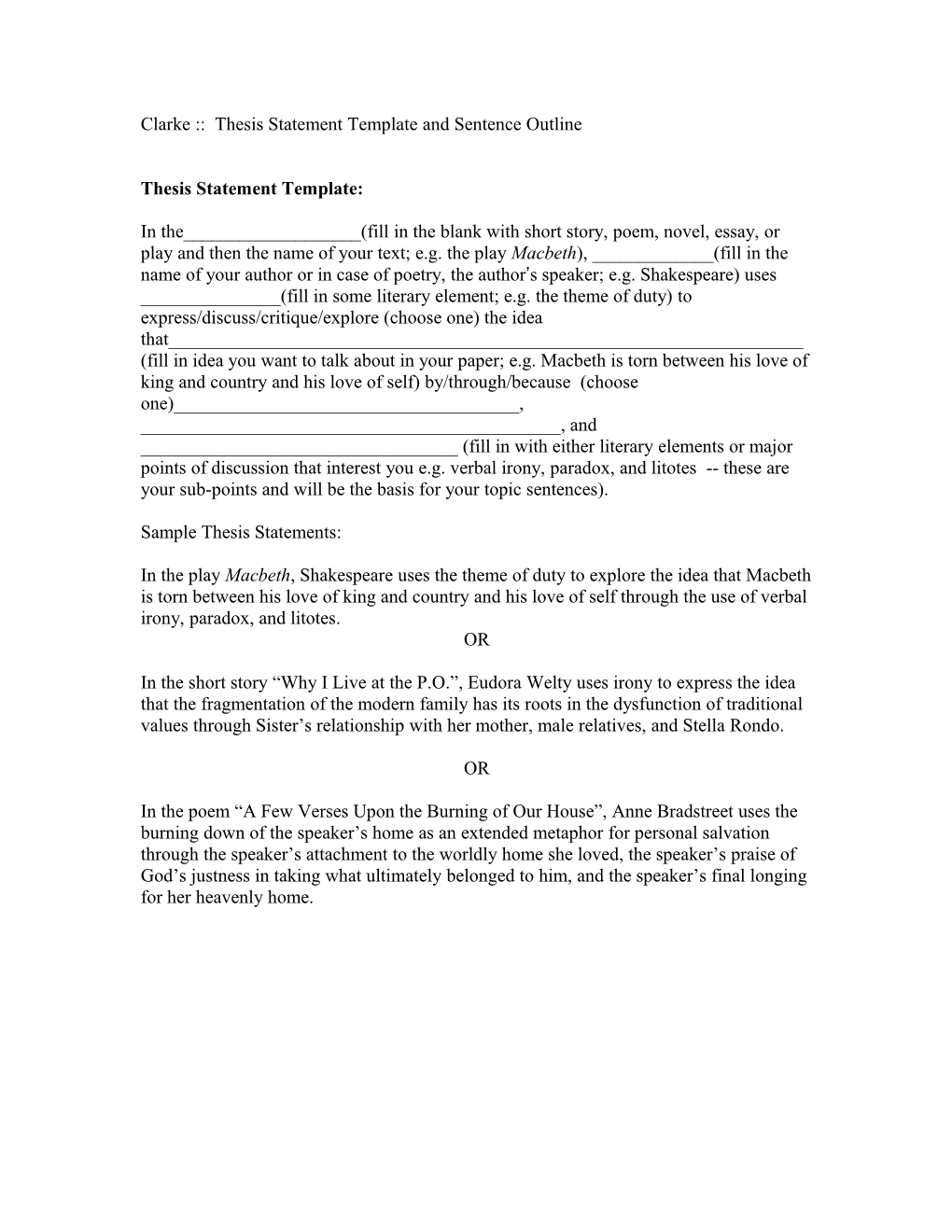Thesis Statement Template and Sentence Outline