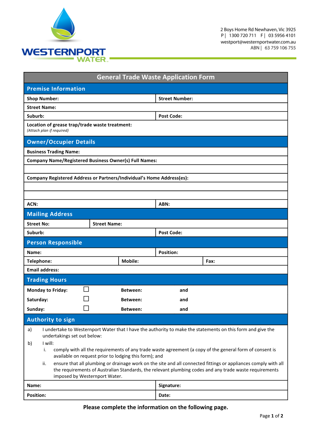 General Trade Waste Application Form