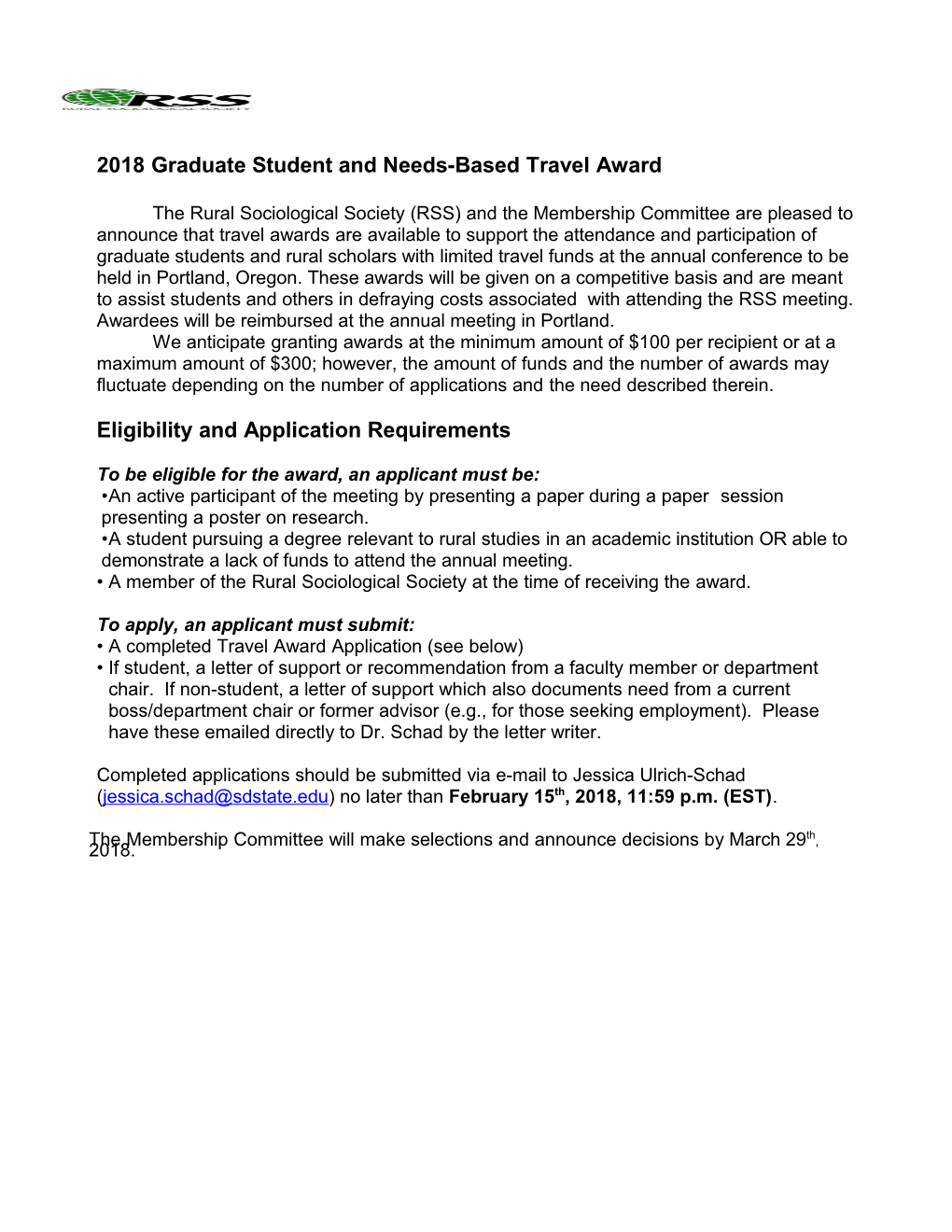 2018 Graduate Student and Needs-Based Travel Award