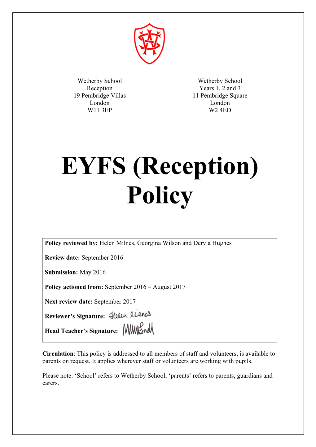 EYFS (Reception) Policy