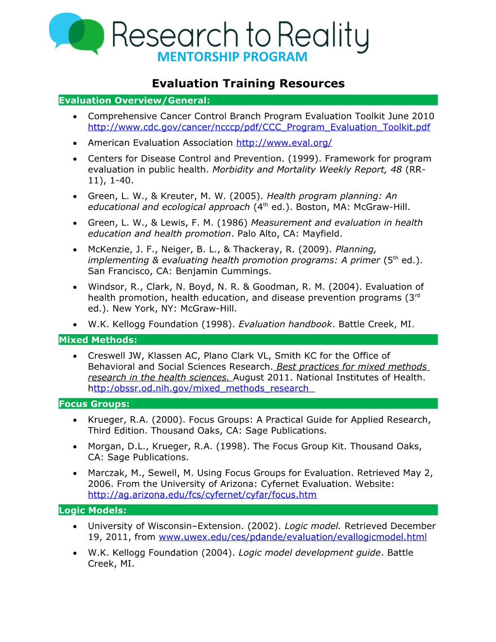 Evaluation Training Resources