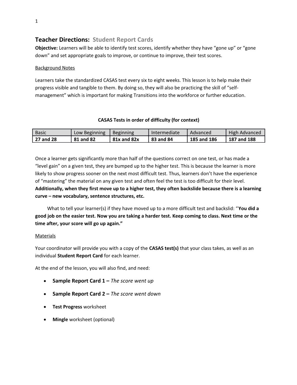 CASAS Tests in Order of Difficulty (For Context)