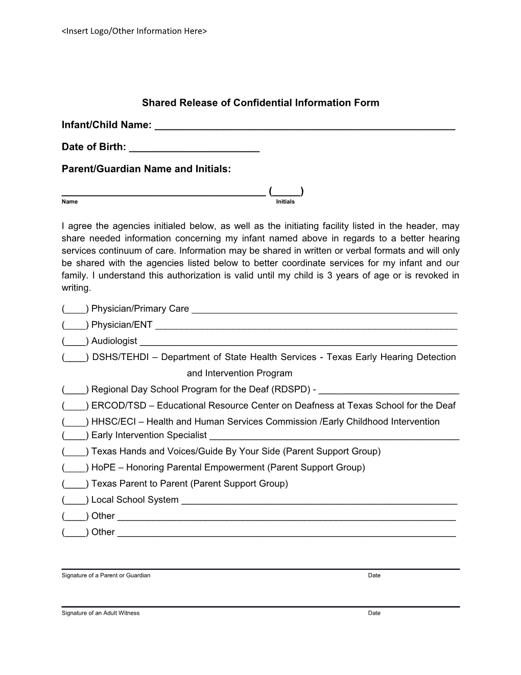 Shared Release of Confidential Information Form