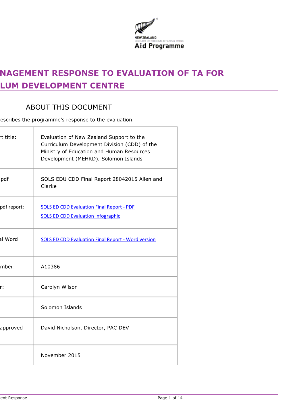 SOLS ED CDD Evaluation Management Response 2015 Sept Final