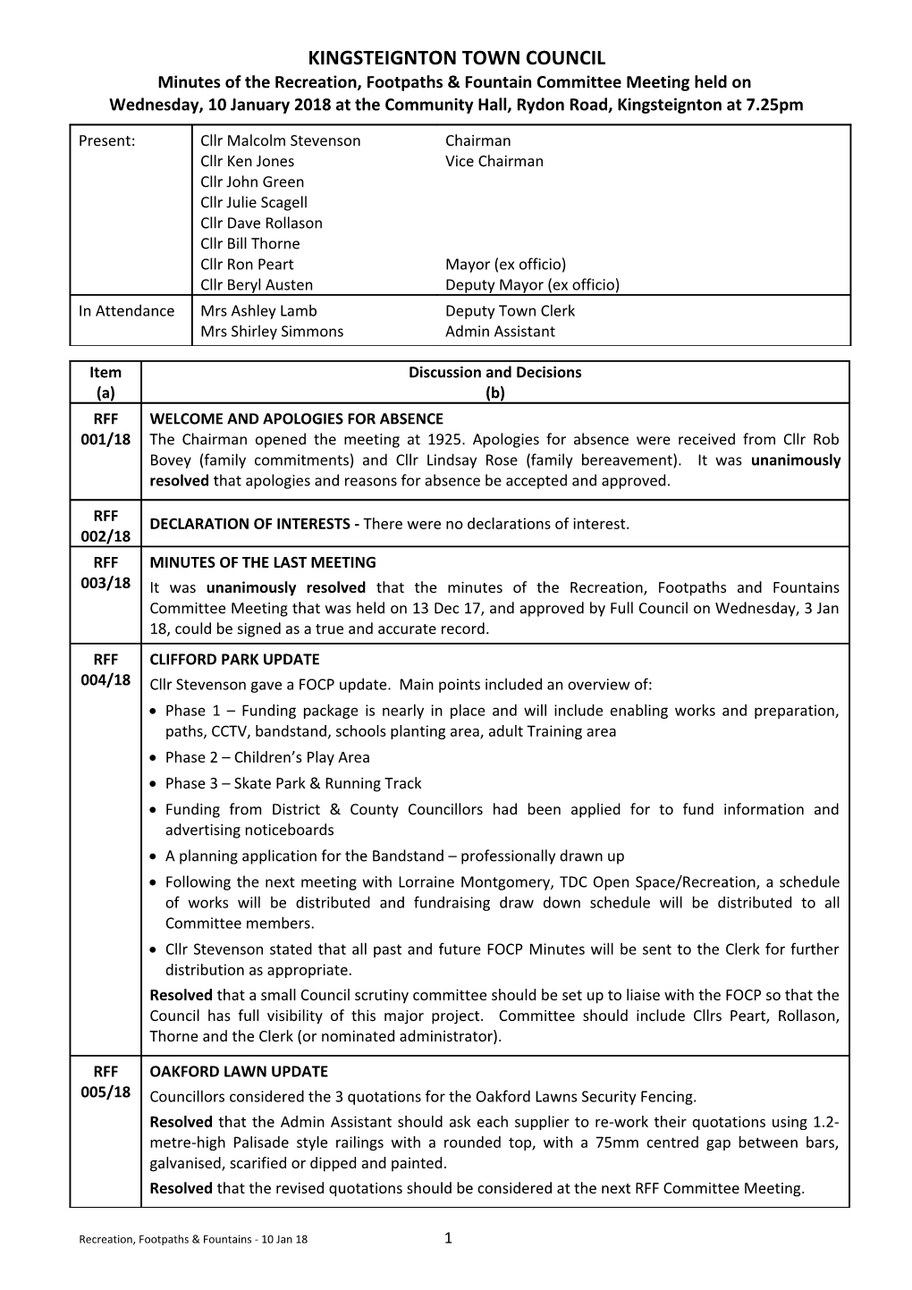 Minutes of the Recreation, Footpaths & Fountain Committee Meeting Held On