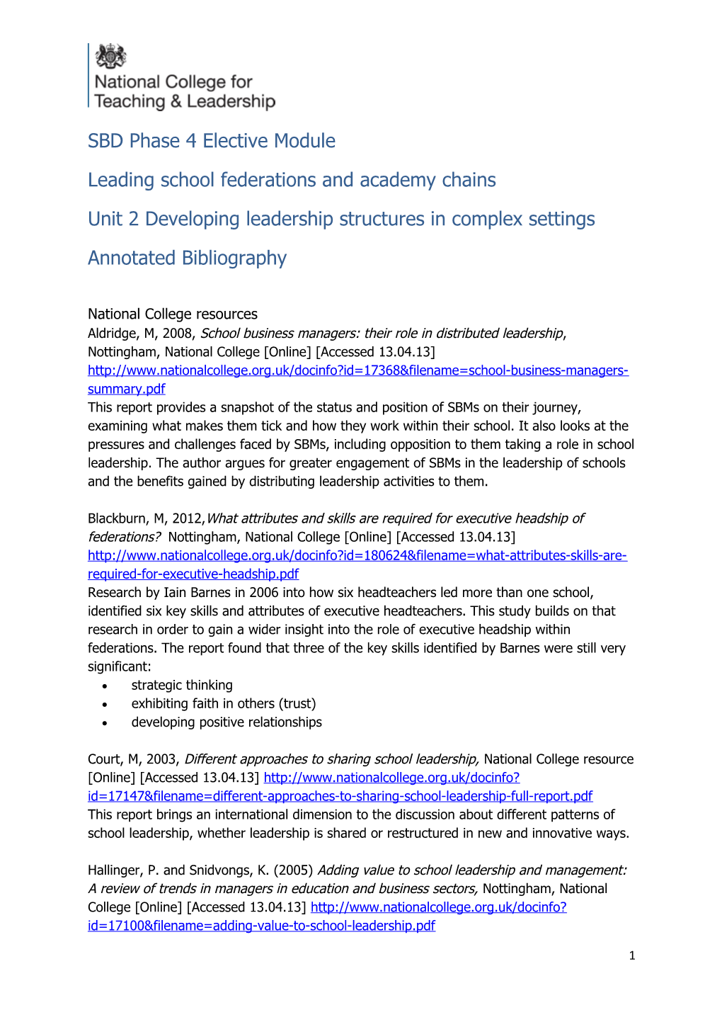 Federations and Academies Unit 2 Annotated Bibliography