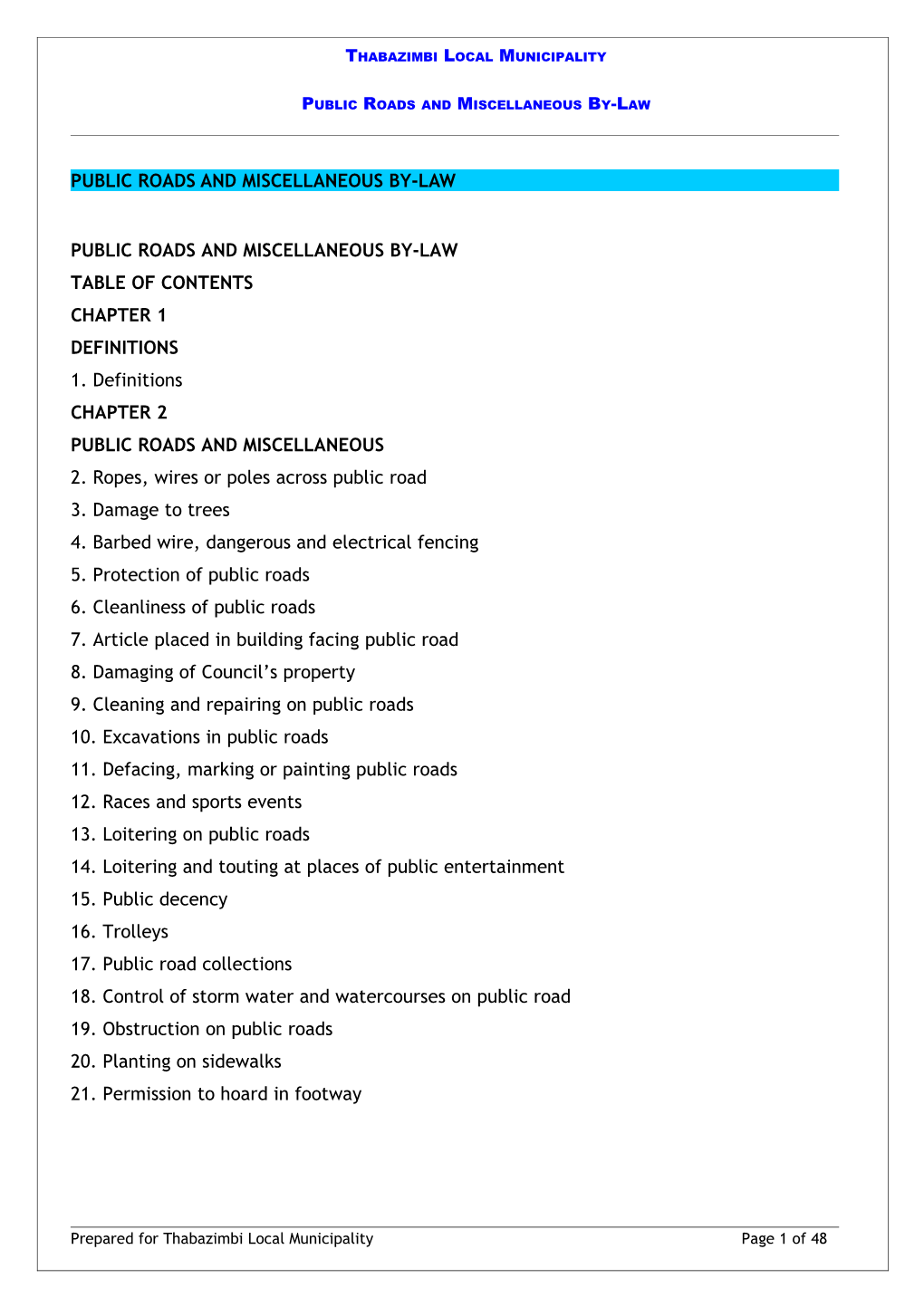Public Roads and Miscellaneous By-Law