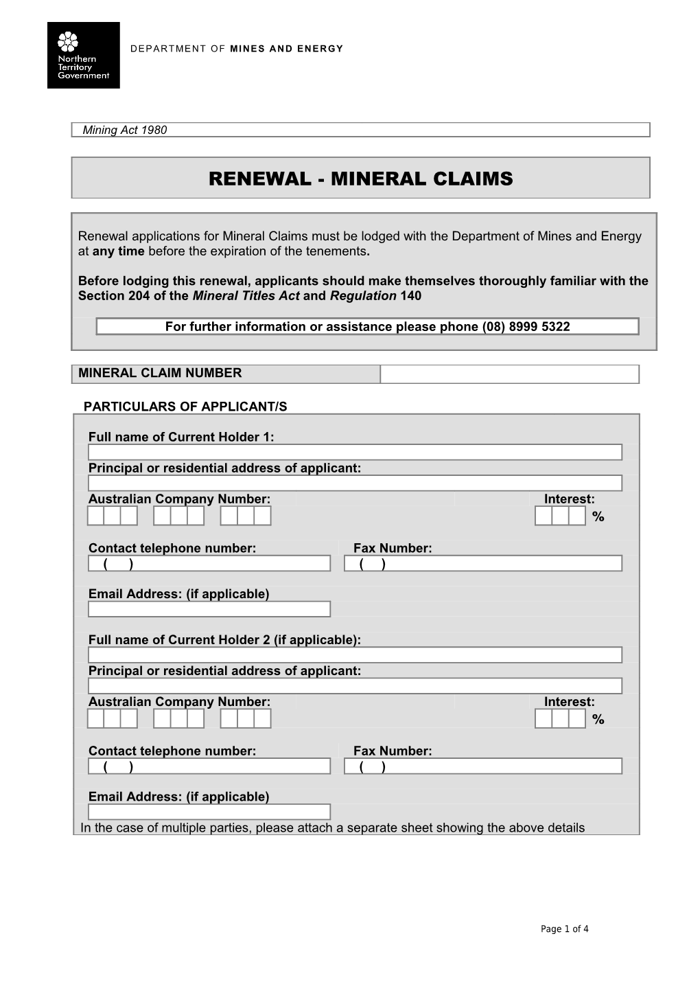 Newrenewalformmineralclaim 17-9-2013 (Updated 14/05/19) Northern Territory Government