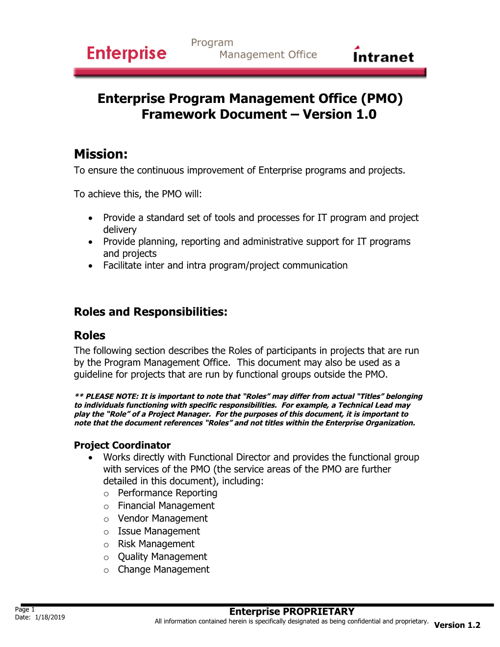 Enterprise Program Management Office (PMO) Framework Document Version 1.0