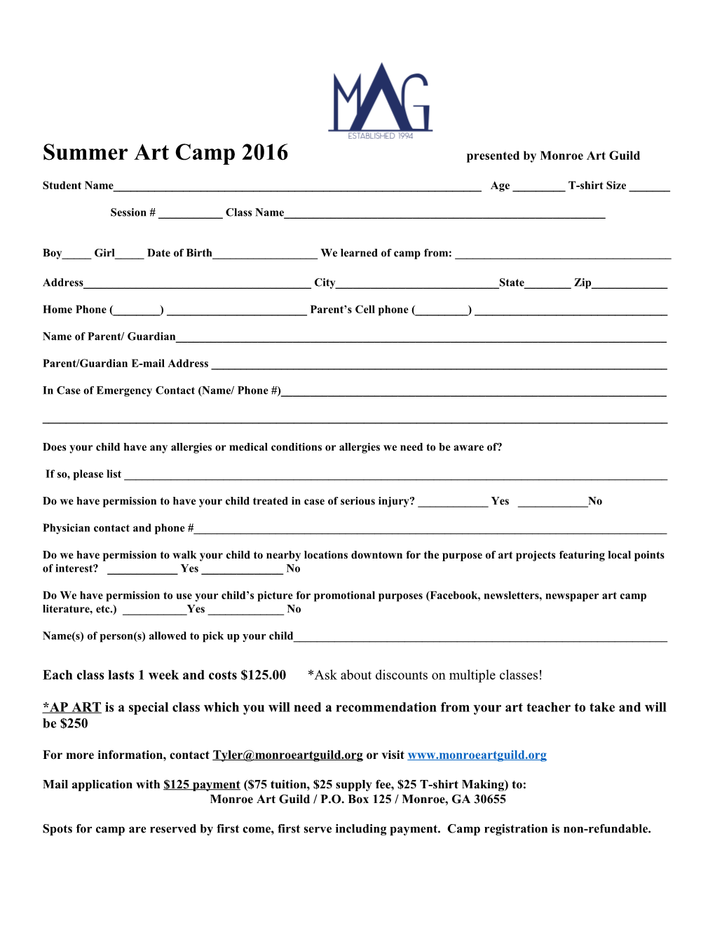 Summer Art Camp 2016 Presented by Monroe Art Guild