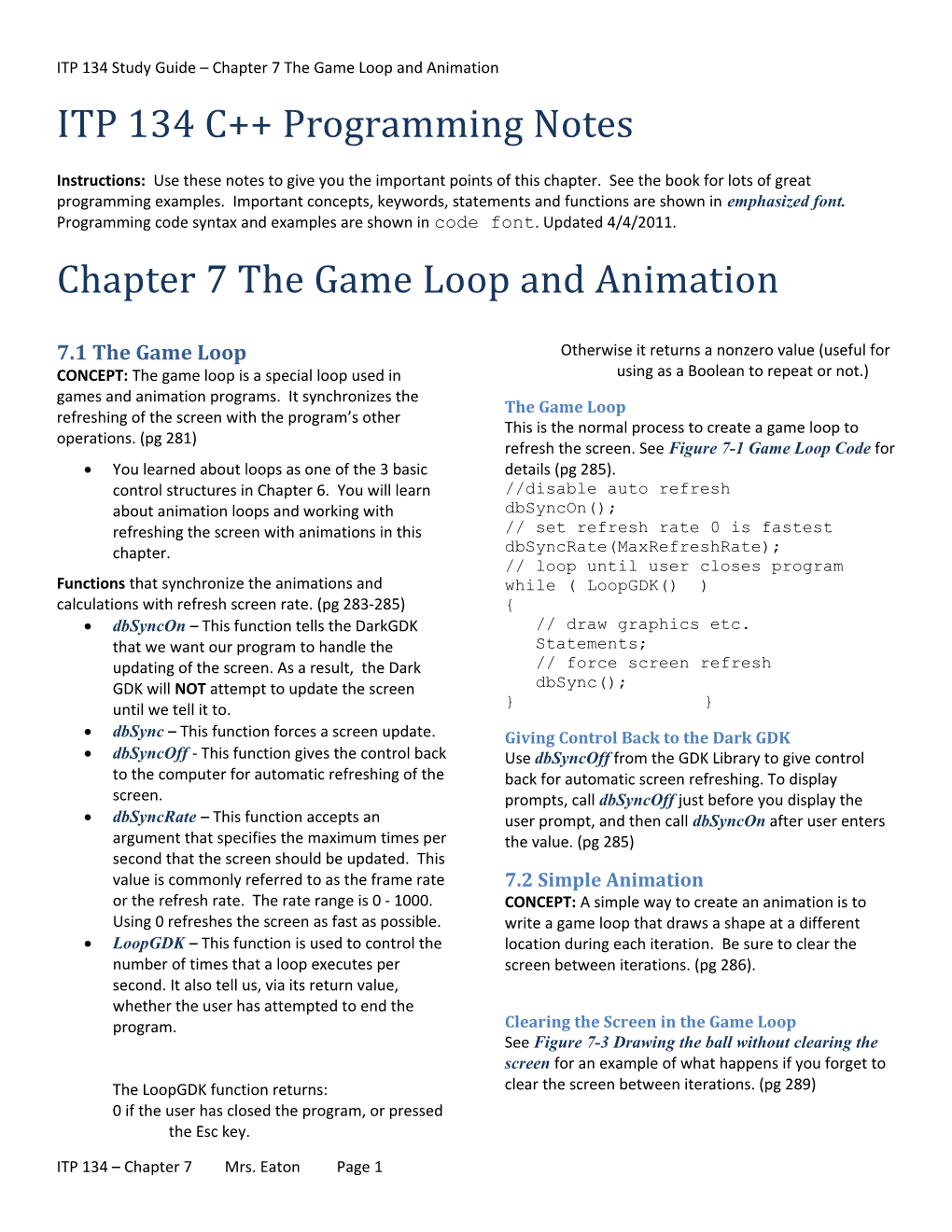 ITP 134 Study Guide Chapter 7 the Game Loop and Animation