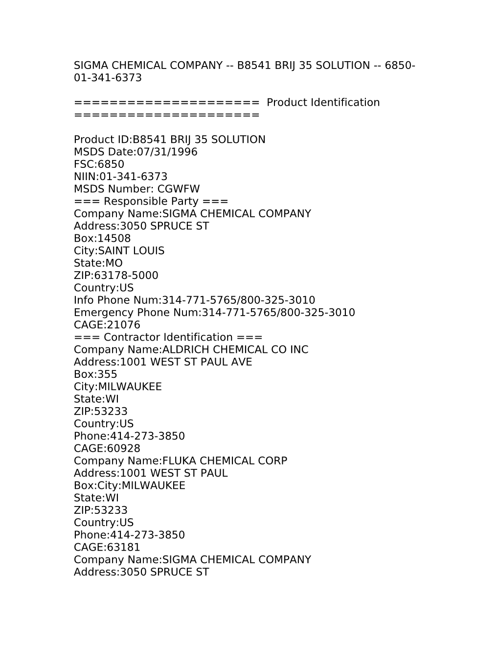 Sigma Chemical Company B8541 Brij 35 Solution 6850-01-341-6373