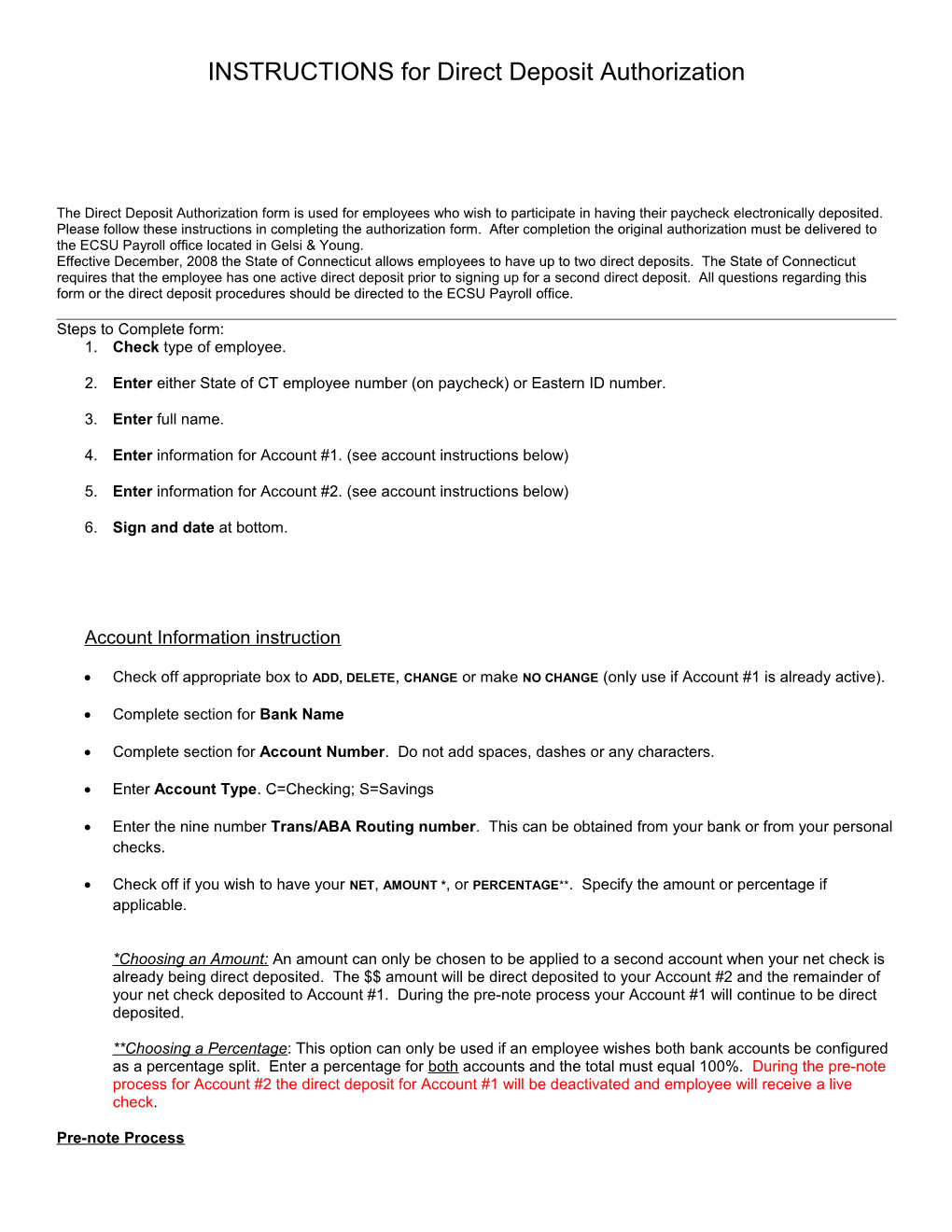 Direct Deposit Authorization and Input Form Vendor